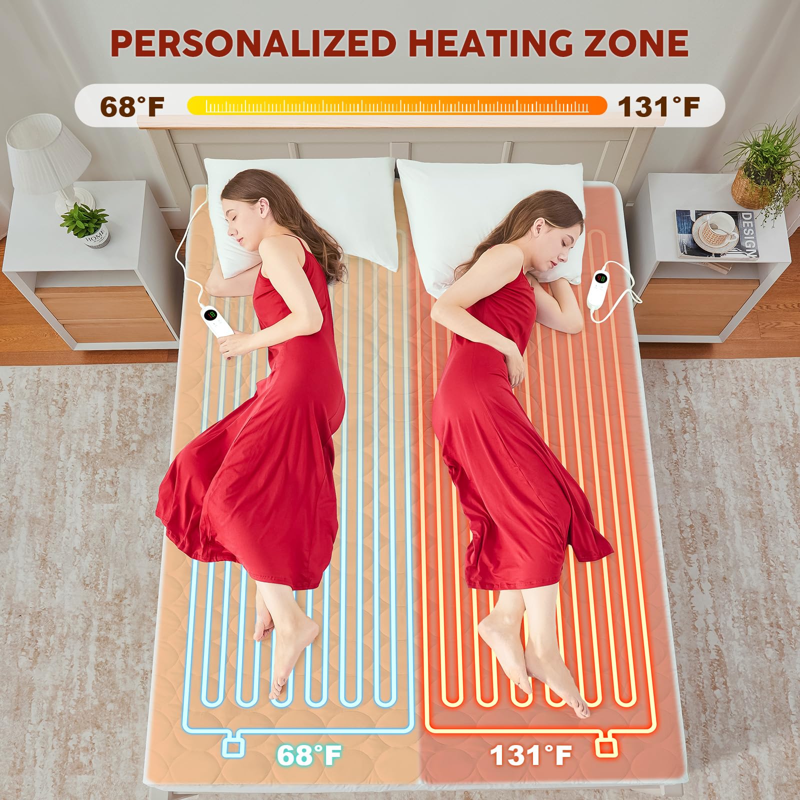 MASVIS Queen Size Heated Mattress Pad with Dual Zone Temperature Control - Quilted Electric Mattress Cover with Auto Shut Off - Deep Pocket Electric Bed Warmer for Winter - Machine Washable White Mattress Pad for Couples (Perfect for Cold Nights, Arthritis Pain Relief & Cozy Winter Sleep)