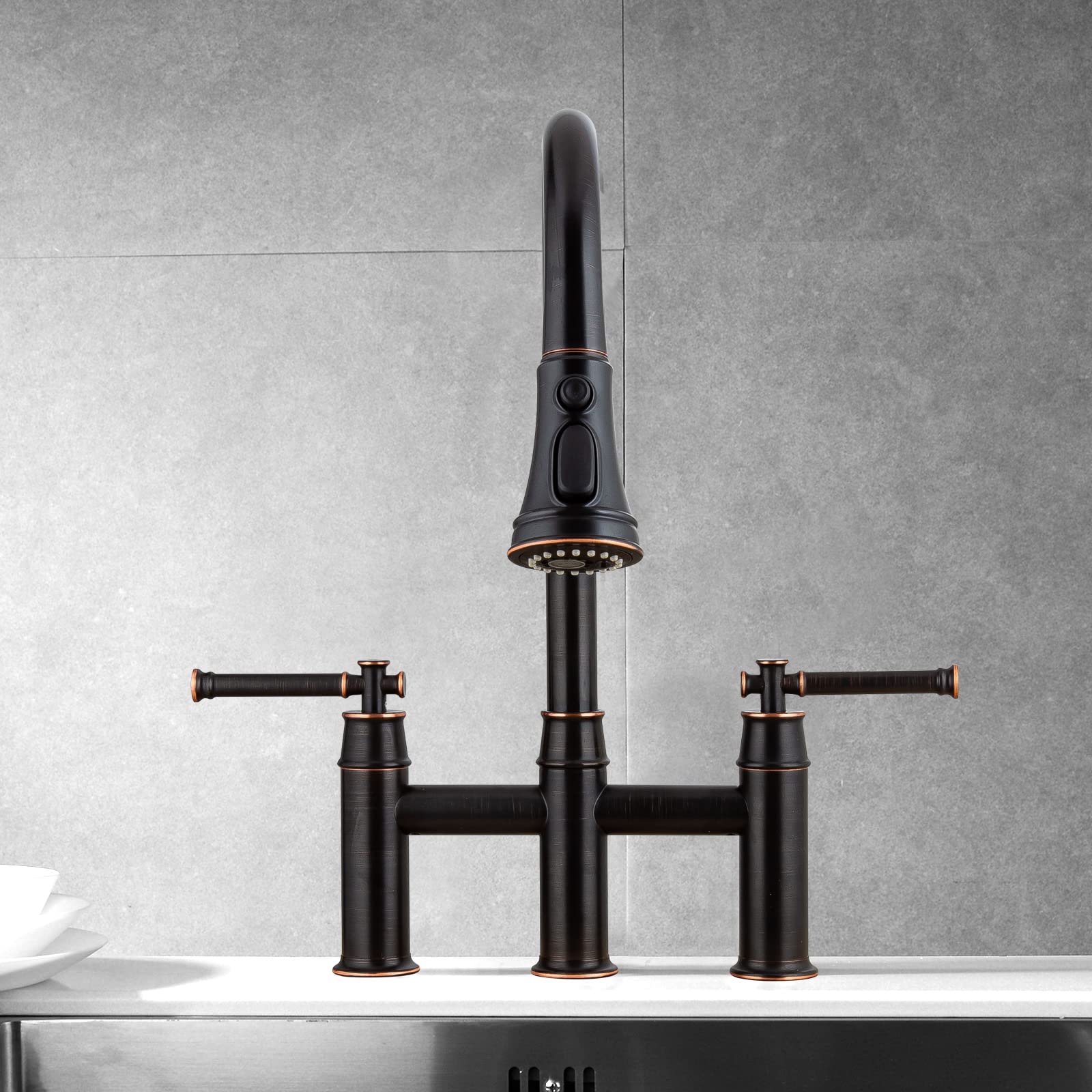Oil Rubbed Bronze Bridge Kitchen Faucet with Pull Down Sprayer - Oakland Brass 2 Handle 3 Hole Spot-Resistant Lead-Free Faucet (Model KSK8239-ORB) - Perfect for Modern Farmhouse & Industrial Style Kitchens