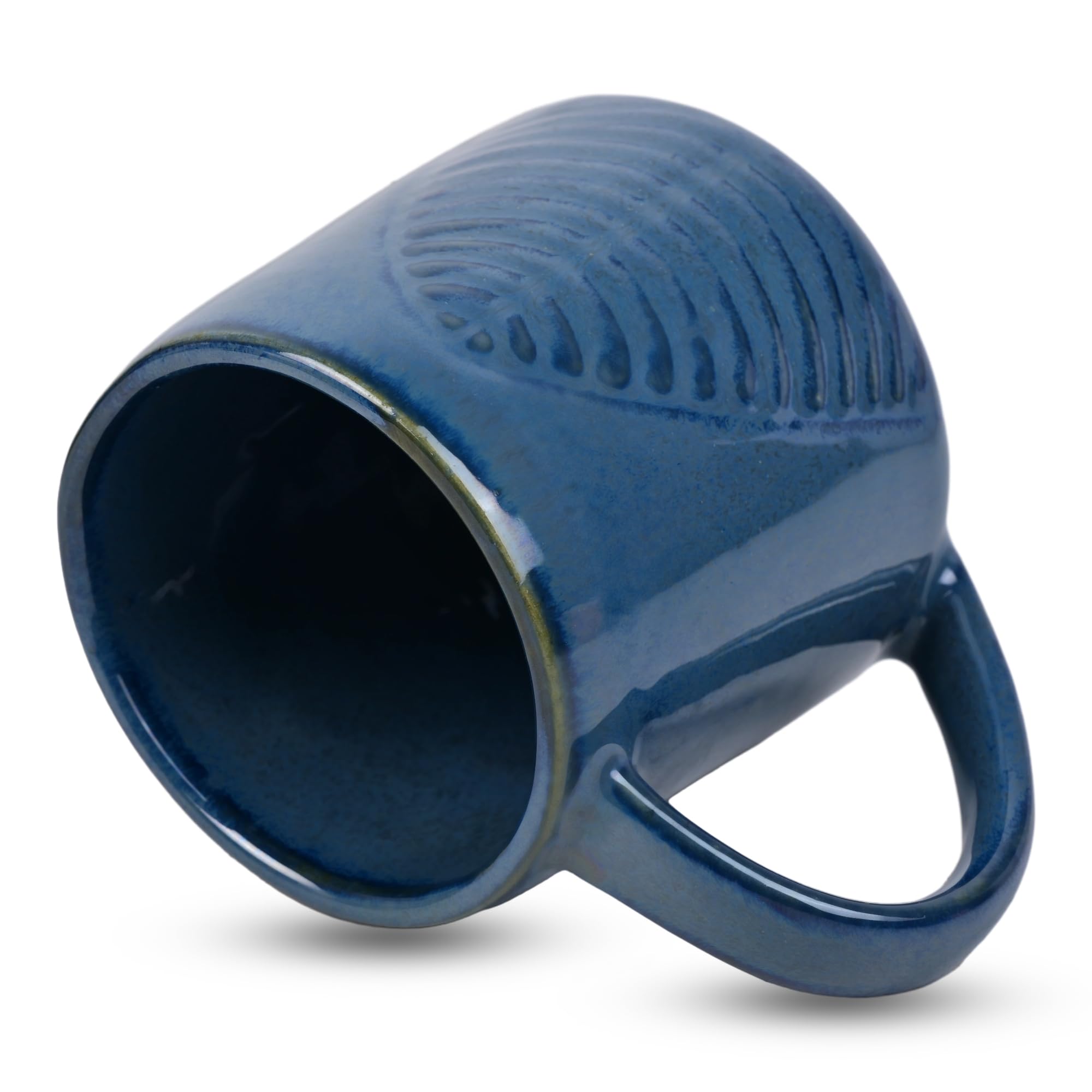 Boxome 300ml Stoneware Coffee Mug - Non-Toxic, Microwave & Freezer Safe - Leaf Pattern Stone Blue Ceramic Cup for Home, Office & Outdoor Use