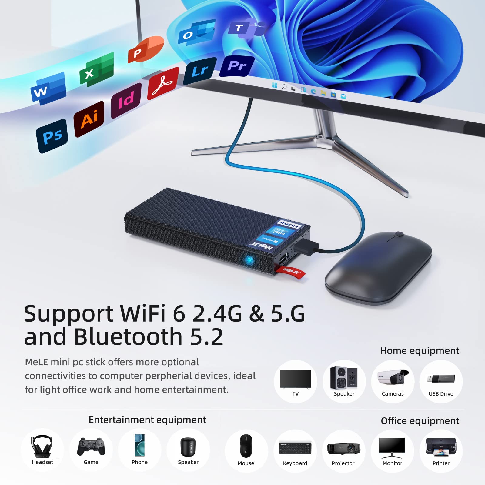 MeLE Mini PC Stick Fanless PCG02 Pro - WiFi 6, Windows 11 Pro, Intel Celeron N5105, 8GB RAM, 128GB SSD, Dual 4K HDR HDMI, Portable Stick Computer with PD3.0 & Ethernet - Perfect for Home Office, Business, Digital Signage & Media Streaming
