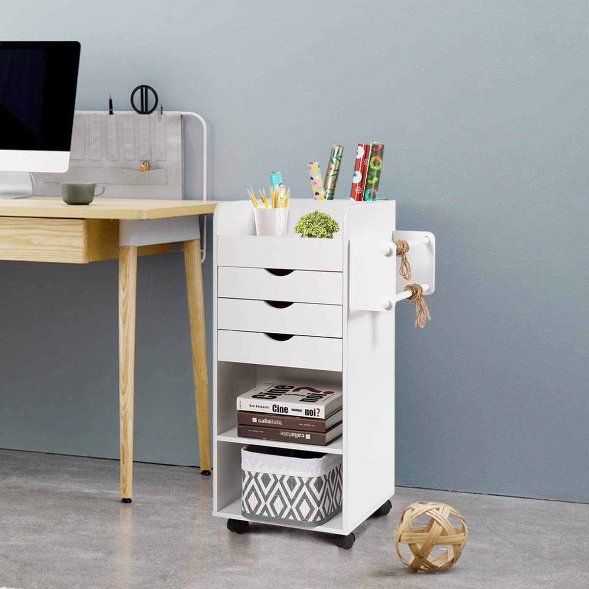 Tangkula 3-Drawer Rolling Storage Cart with Lockable Casters - Wooden Mobile Utility Cabinet with 3 Open Shelves for Home Office Organization - Perfect for Office Supplies, Craft Storage & Kitchen Pantry Organization