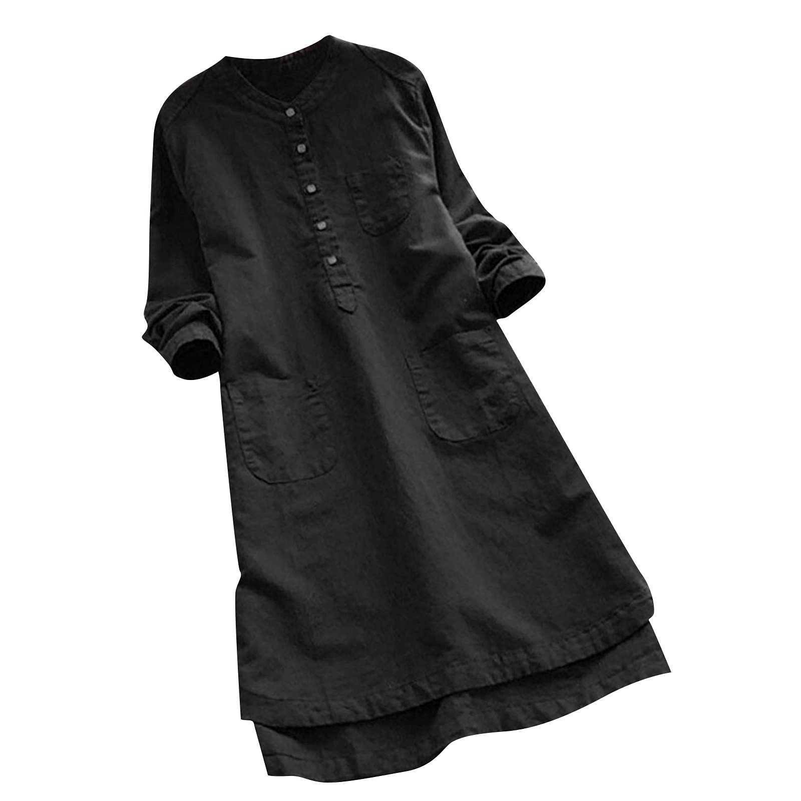 Women's Casual Linen Maxi Dress with Long Sleeves, Button Down & Side Slit - Breathable Cotton Shirt Dress with Pockets - Perfect for Summer Outings, Beach Vacations & Boho Style