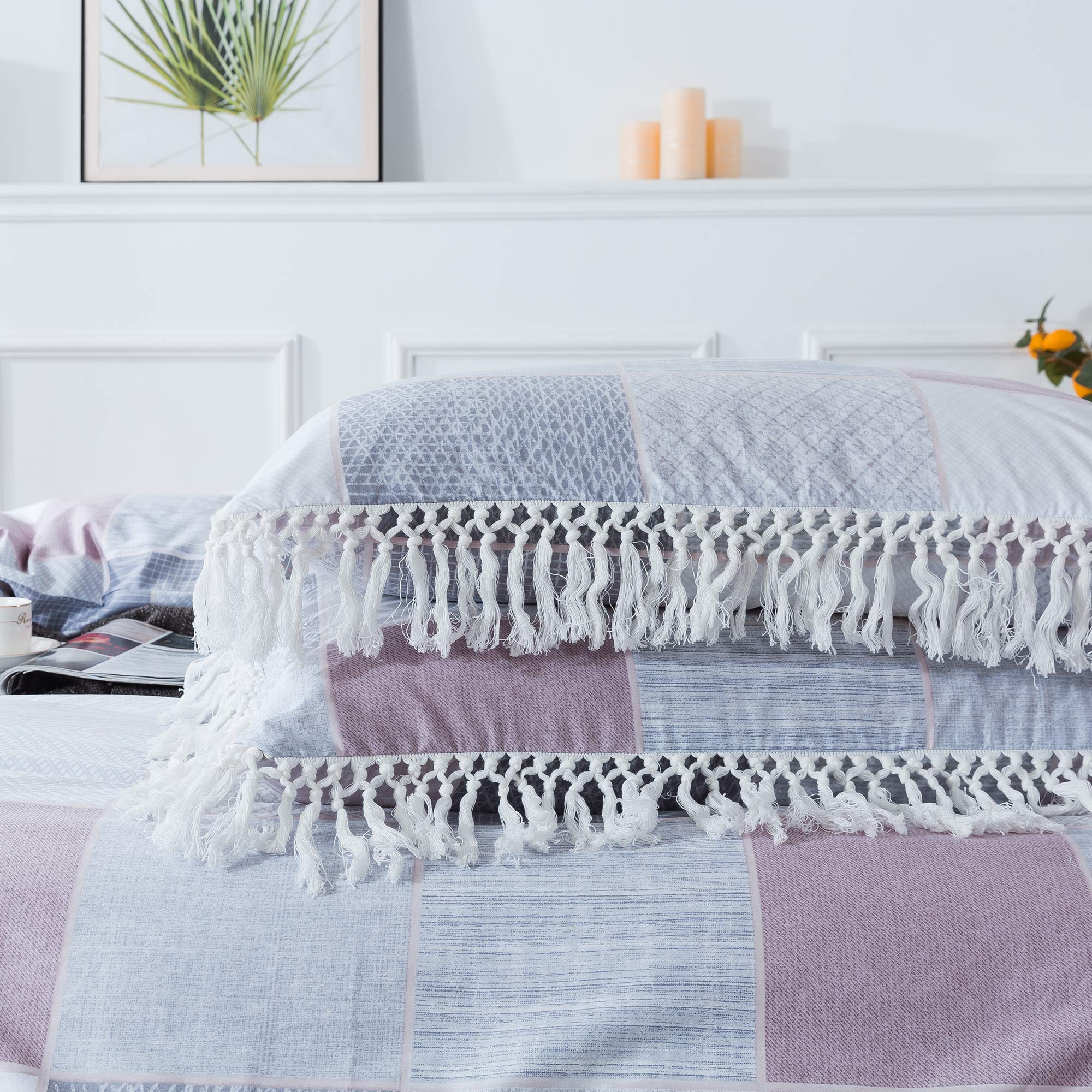 Softta Luxury White Tassel Bedding Set King Size 3Pcs - 100% Cotton Geometric Plaid Duvet Cover with Decorative Tassels | Elegant Bedroom Decor for Master Suite, Guest Room & Vacation Homes