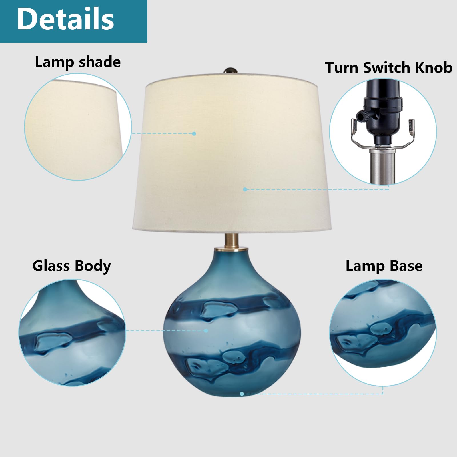Maxax Glass Table Lamps Set of 2 - Large Blue Bedside Nightstand Lamps with White Drum Shade for Bedroom, Living Room & Office Decor | Perfect for Reading, Relaxing & Creating Ambient Lighting