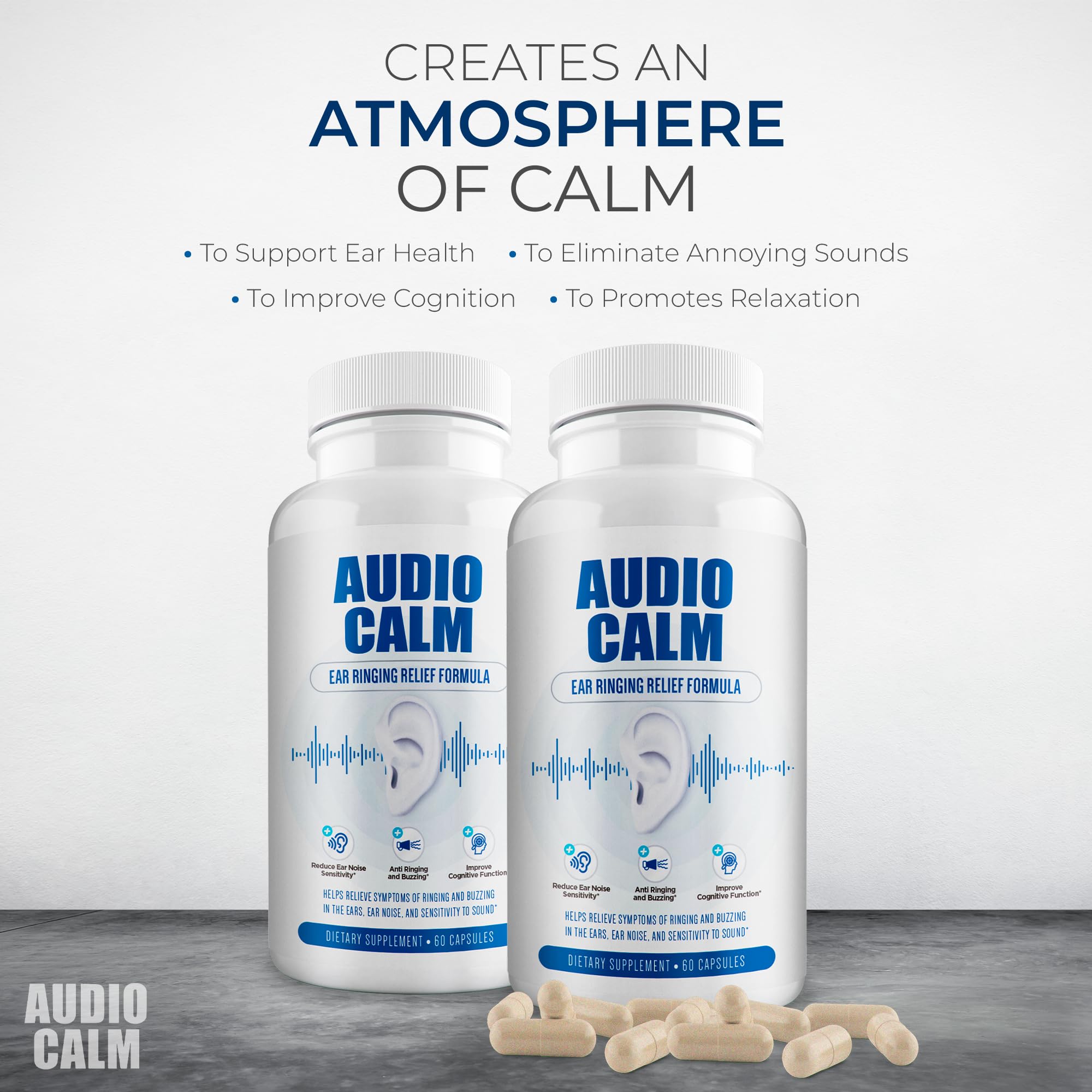 Audio Calm - Natural Tinnitus Relief Supplement for Ear Ringing, Buzzing & Clicking | 60 Capsules | Supports Hearing Health & Stress Relief | Perfect for Office Workers & Nighttime Use