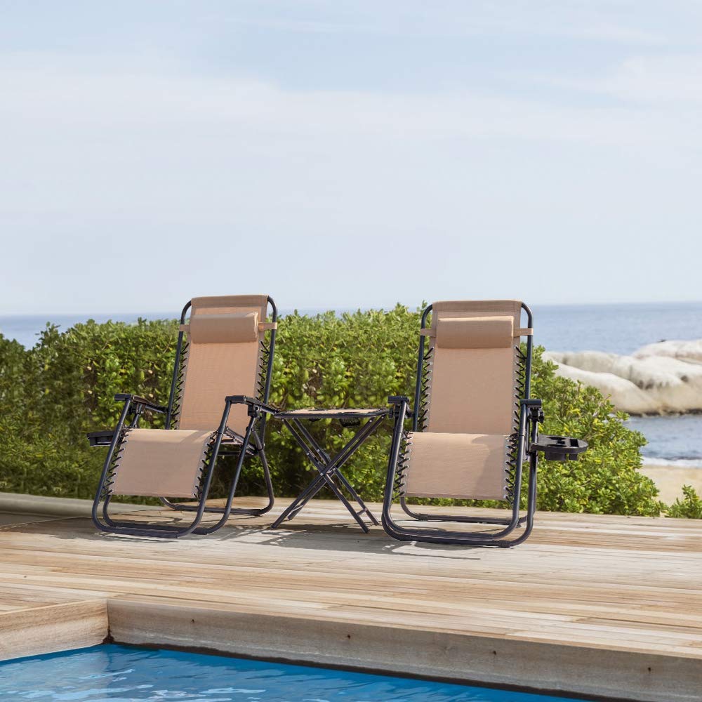 Homall 3-Piece Zero Gravity Lounge Chair Set - Patio Folding Recliner with Side Table, Outdoor Chaise Lounge Chairs for Backyard, Poolside & Beach Relaxation (Beige)