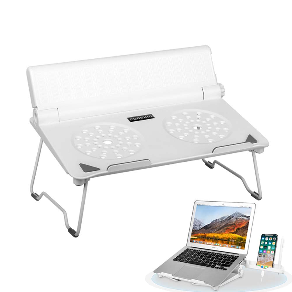 Lightweight Ventilated Laptop Stand with Adjustable Phone Holder - Foldable & Portable Riser for 13-17 Inch Notebooks - Ergonomic Computer Desk Stand for Home Office, Gaming & Work (White)
