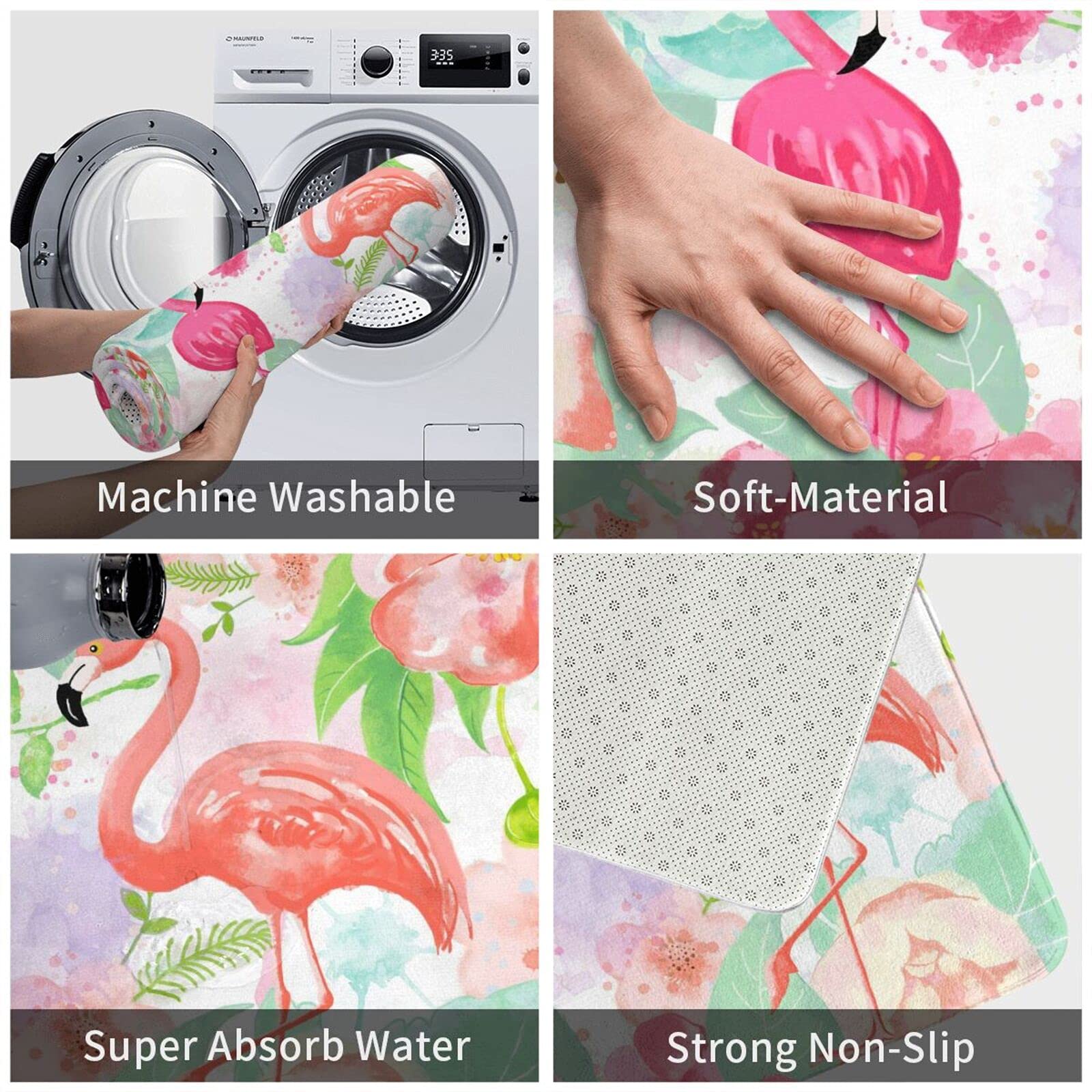 **Flamingo Tropical Bath Mat - Soft, Non-Slip, Absorbent & Washable Bathroom Rug - Perfect for Bathroom, Shower & Kitchen Sink Decor**    *(Use Case: Adds a stylish, cozy touch to your bathroom or kitchen while providing safety and comfort underfoot.)*
