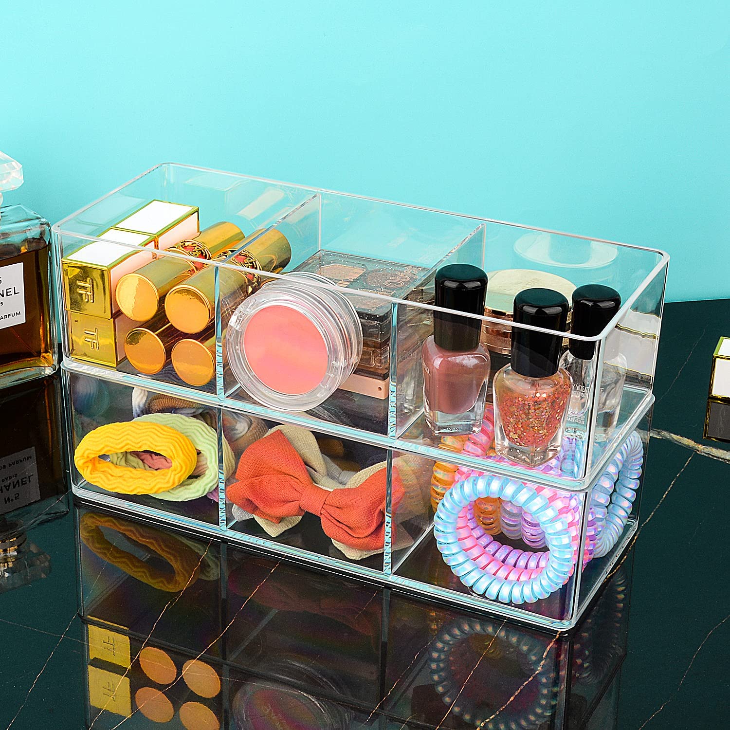 JessLab Acrylic Makeup Organizer Set (2-Pack) - 1+3 Compartment Drawer & Countertop Storage for Cosmetics, Jewelry, Office Supplies - Perfect for Vanity, Bathroom, Kitchen & Cabinet Organization