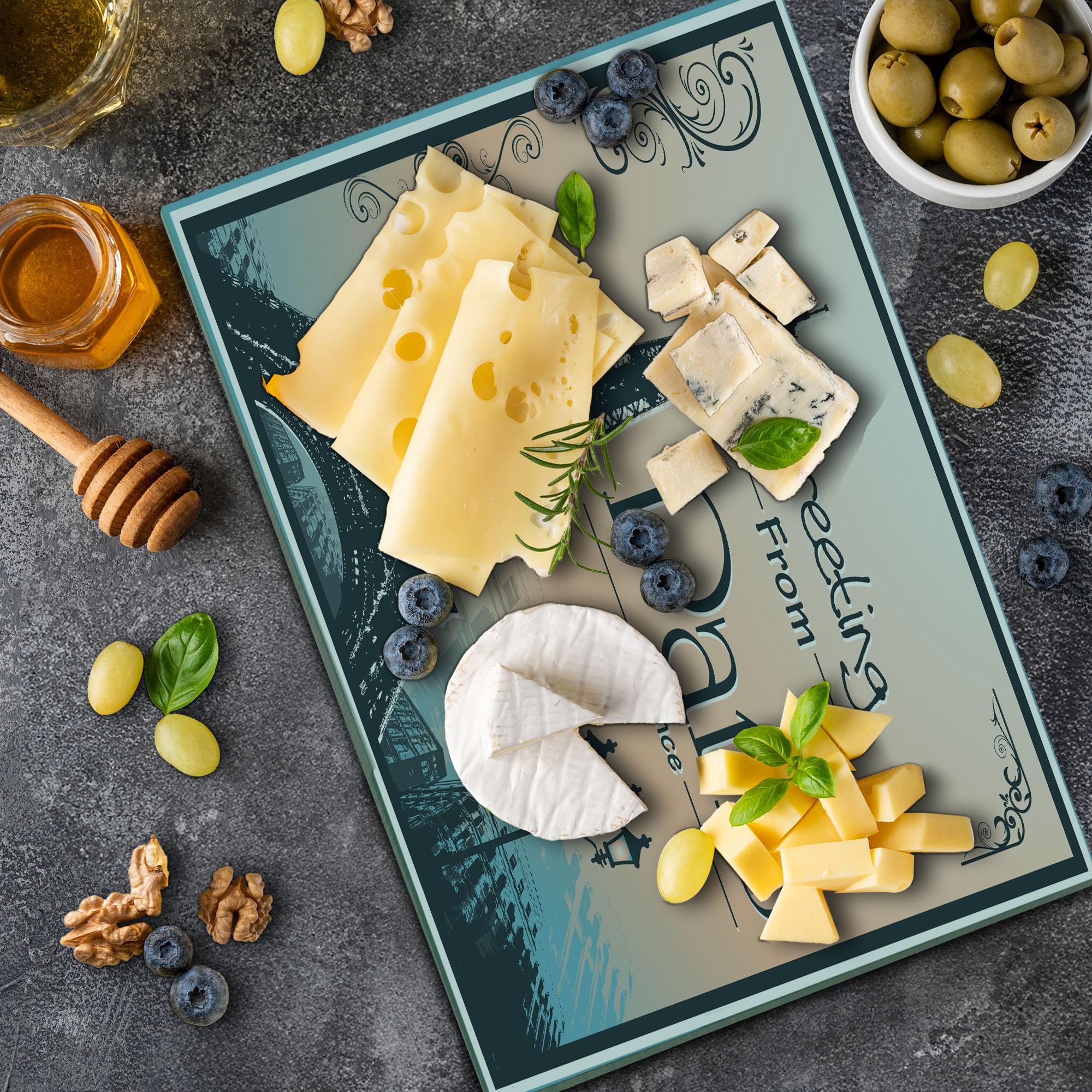 Ambesonne Eiffel Tower Tempered Glass Cutting Board - Large Paris France Themed Serving Tray with Romantic Design in Peach, Slate Blue, Sky Blue & White - Perfect for Kitchen Decor, Cheese Platters, and French-Themed Dinner Parties