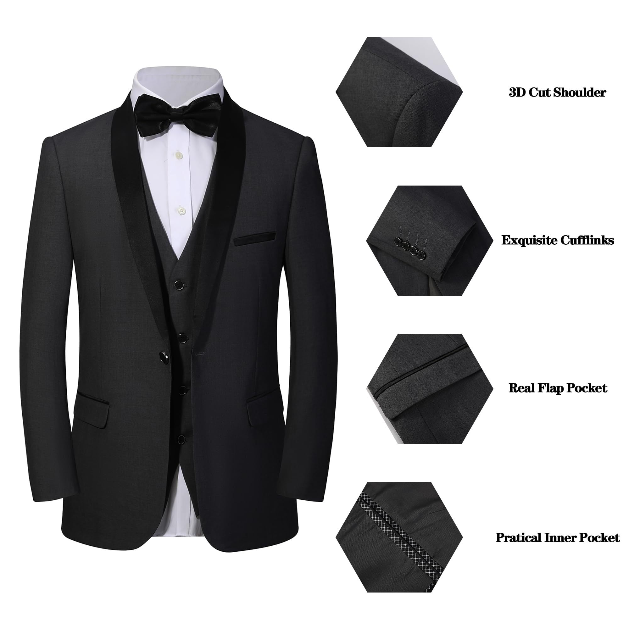 Men's Slim Fit Tuxedo Suit 3-Piece Set - Wedding, Business & Formal Attire for Groom & Groomsmen (Jacket, Vest & Pants) - Perfect for Weddings, Proms, Galas & Black Tie Events