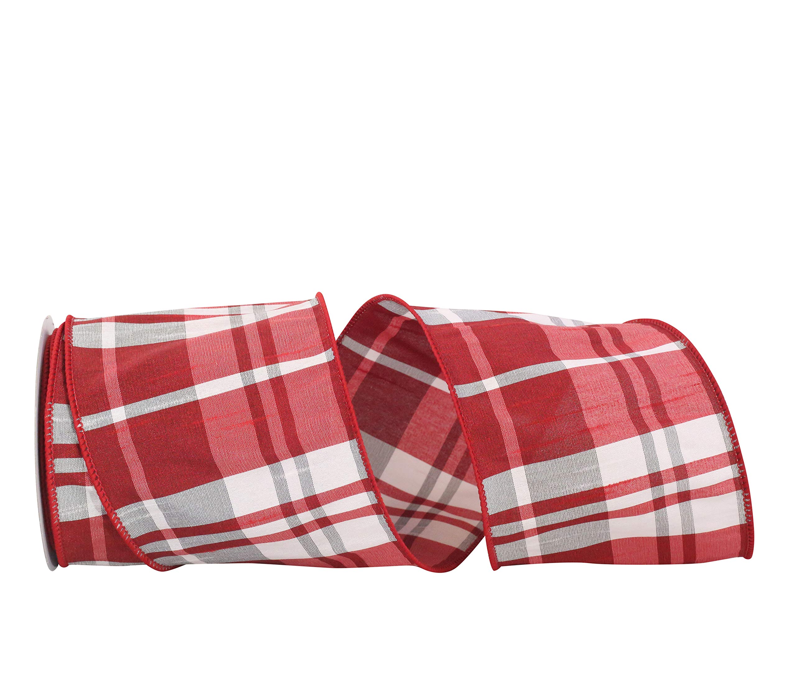 Reliant Ribbon Grand Dupione Plaid Base Wired Edge Ribbon - 4 Inch x 10 Yards, Red/Silver - Perfect for Gift Wrapping, DIY Crafts, and Holiday Decorations