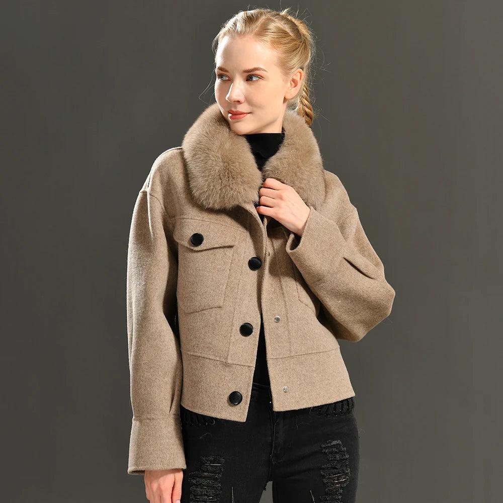 Luxury Women's Cashmere Wool Coat with Real Fur Collar - Winter Cropped Jacket, Full Sleeves & Pockets - Streetwear Outerwear for Cold Weather & Fashion Outings