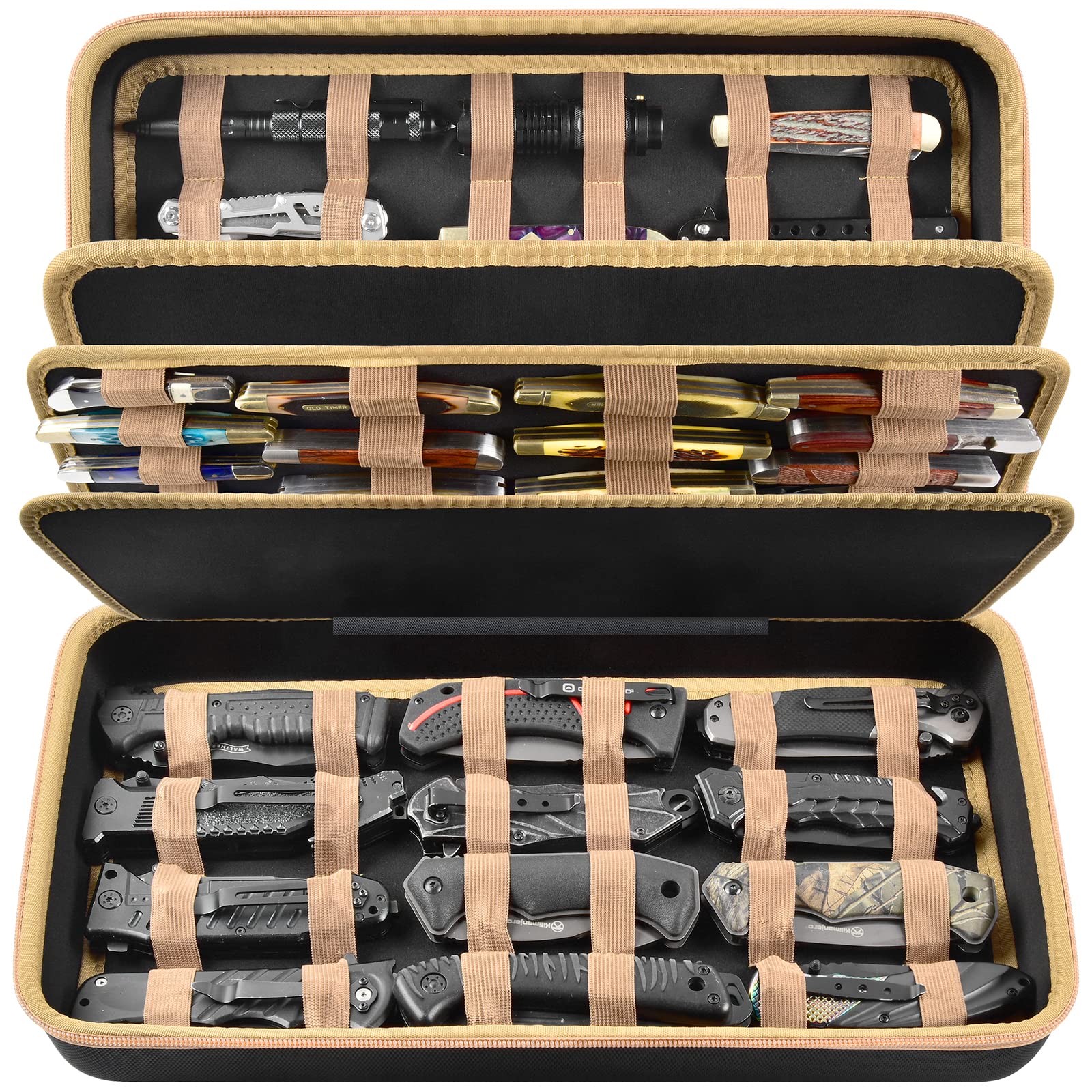 64+ Pocket Knife Display Case with Butterfly & Folding Knife Storage - Tactical Knife Organizer Box for Survival, Outdoor, EDC Mini Knives Collection (Brown) | Perfect for Home Display, Camping Gear & Collector's Organization