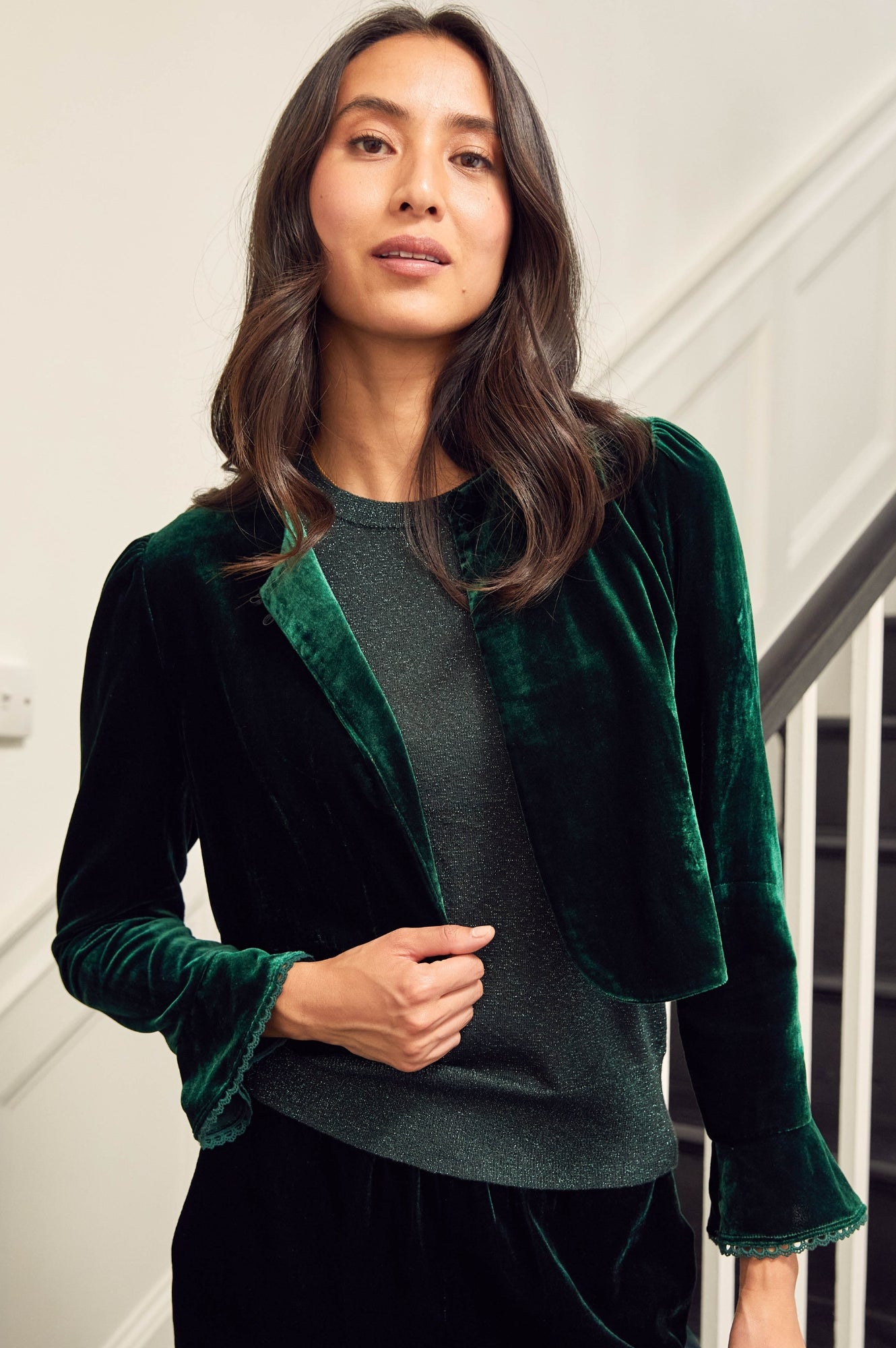 Emerald Green Velvet Shrug for Women - Elegant Long Sleeve Bolero Jacket for Evening Wear, Wedding, Party & Special Occasions