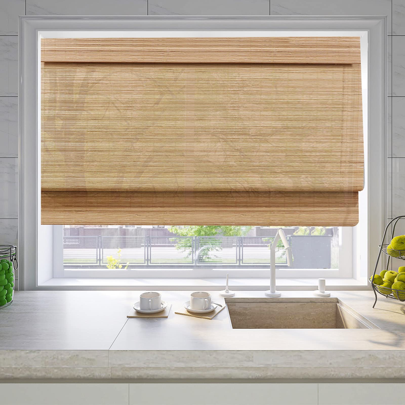 Letau Cordless Bamboo Roman Shades - Light Filtering Wood Window Blinds for Home, Kitchen & Office | Easy Installation & Adjustable | Perfect for Privacy & Natural Light Control (Pattern 7)