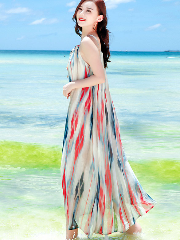Color Block Print Belted Tea Length Beach Dress - Flowy Summer Cover Up for Women, Boho Chic Swimwear Cover, Vacation Outfit for Poolside, Seaside & Tropical Getaways