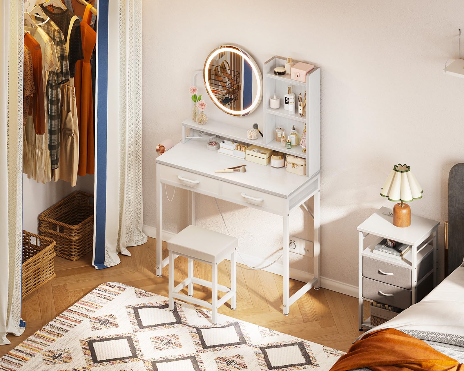 AODK 32 Inch Vanity Desk with Mirror and LED Lights, White Makeup Vanity Set with Fabric Drawers & Matching Chair - Perfect for Bedroom, Dressing Room or Small Space Makeup Station