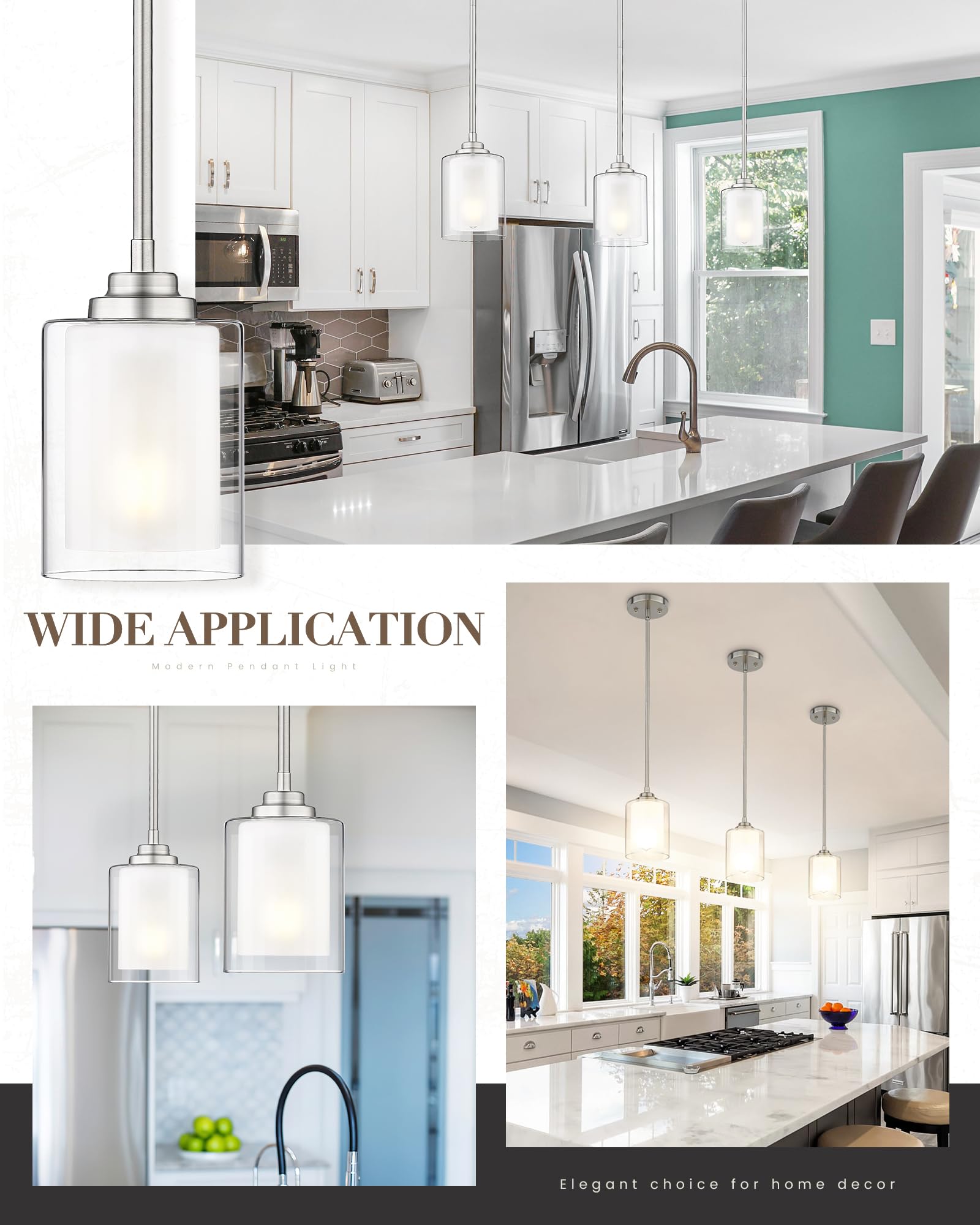 TENGXIN Modern Pendant Light with Brushed Nickel Finish - Kitchen Island Hanging Light Fixture for Farmhouse Dining Room, Bedroom, Bar & Office (Model TXPLBN02) - Perfect for Ambient Lighting Over Countertops and Dining Tables