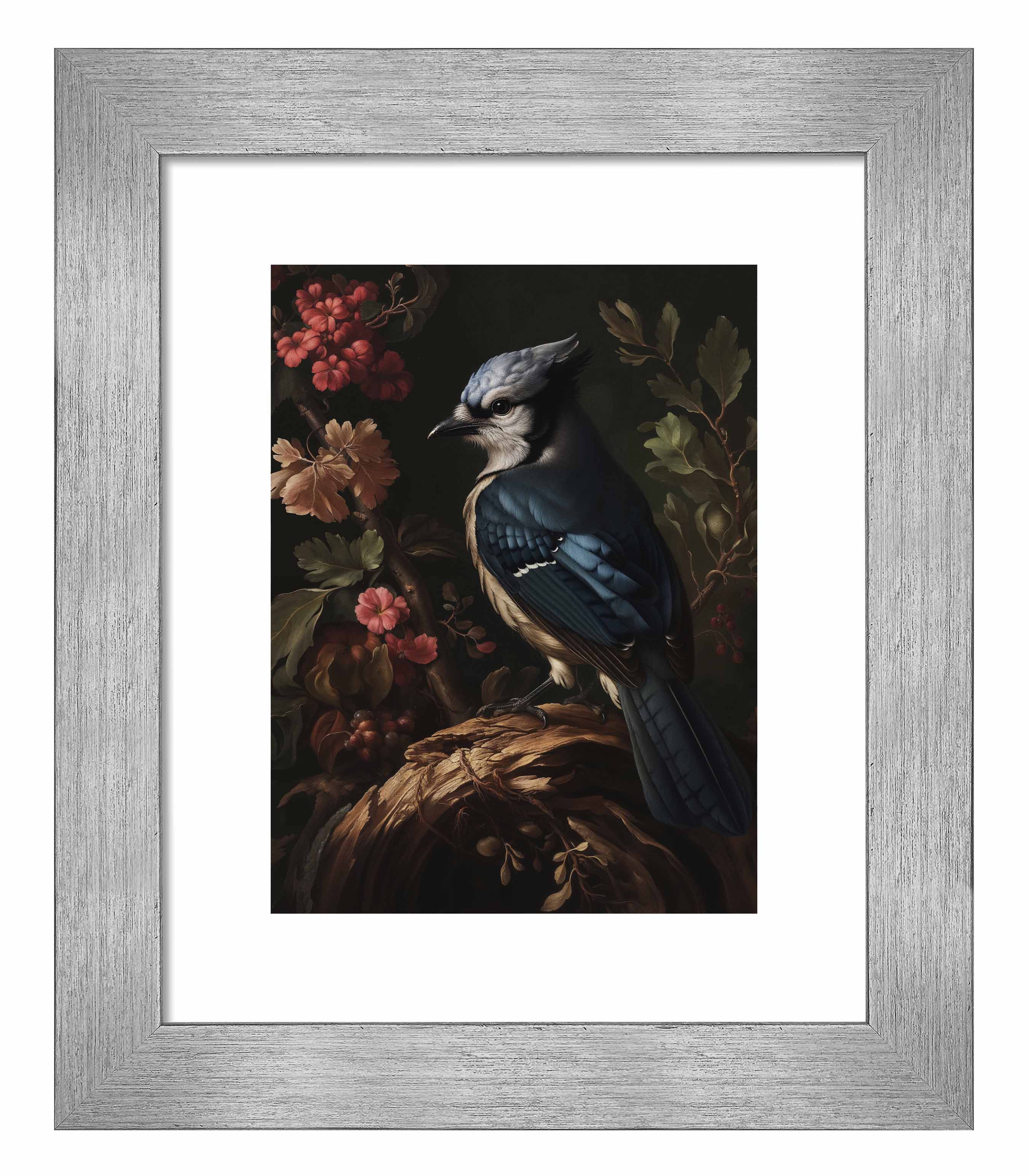 Blue Jay Amongst Flora - Elegant Nature Art Print for Home & Office Decor - Perfect for Living Room, Bedroom, or Gift