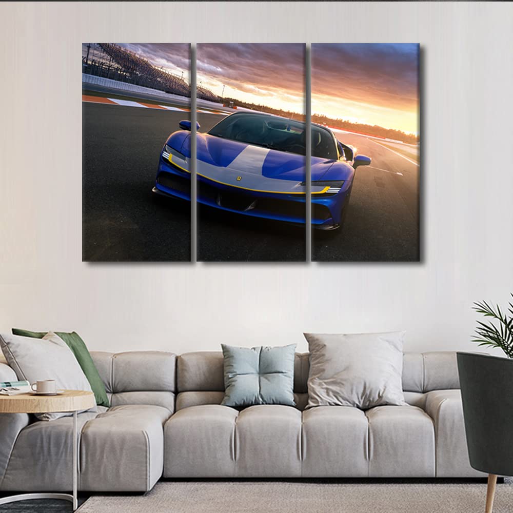 Blue Sports Car on Runway Canvas Wall Art - Modern Framed Track Racing Decor for Living Room, Bedroom, Office - Sunset Car Painting 36x24 Inches Ready to Hang - Perfect for Man Cave, Garage, or Auto Enthusiast Gift