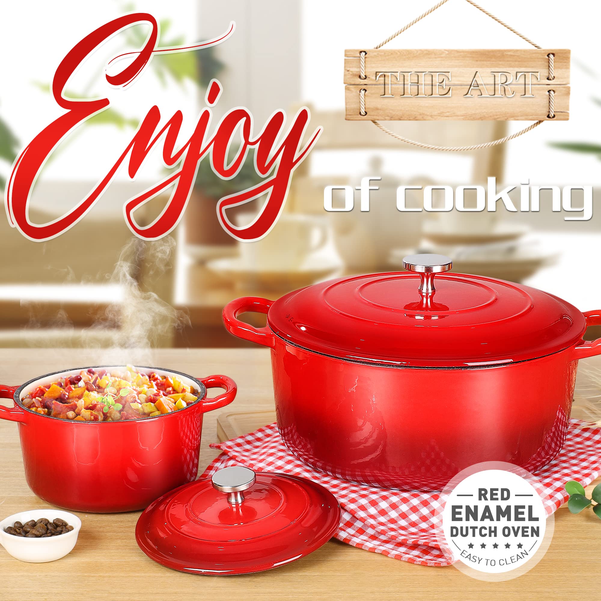 Premium Enameled Cast Iron Dutch Oven Set with Lids - 2-Piece Nonstick Cookware (6QT & 1.5QT) for Baking Bread, Braising, Stewing & Slow Cooking - Vibrant Red Enameled Pots for Oven, Stovetop & Camping Use