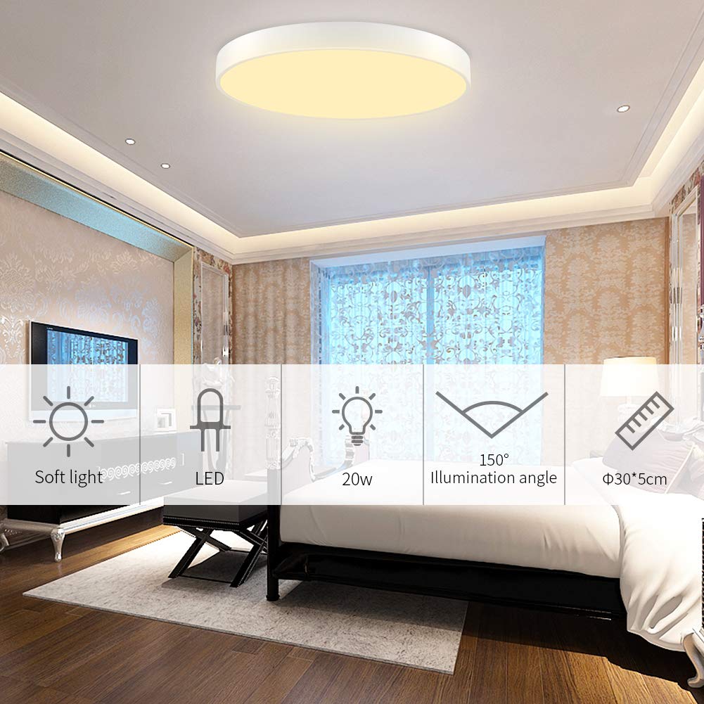 20W LED Ceiling Light Flush Mount Fixture - 1200LM Warm White (2800-3000K) Round Panel Downlight for Home, Office & Commercial Spaces - Energy Saving Indoor Lighting Solution for Bedrooms, Kitchens & Hallways (1 Pack)