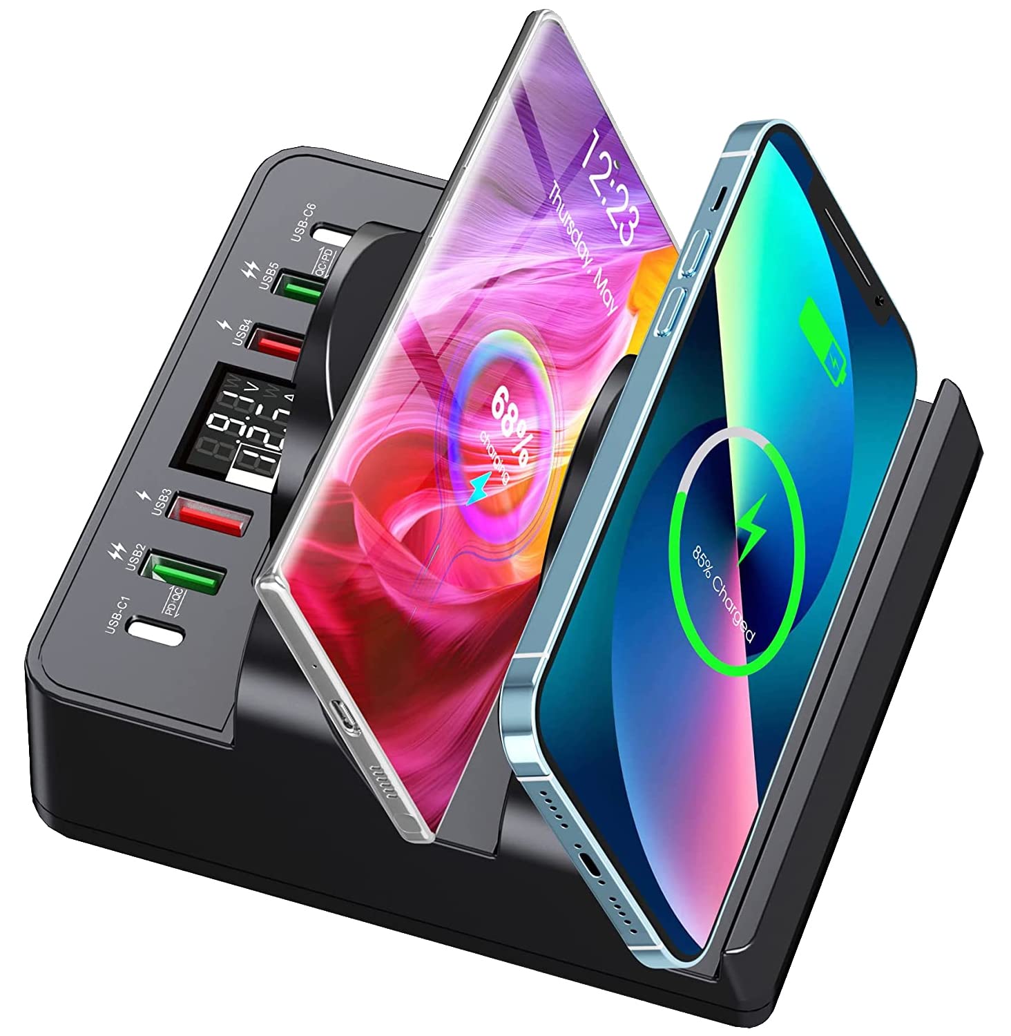 6-in-1 Wireless Charging Station with 15W Fast Charging - 2 QC & 2 PD USB Ports, 80W Multi-Device Charger for iPhone 14/13/12/11/X, Samsung Galaxy, Android Phones & Apple Watch - Perfect for Home, Office & Travel Charging Needs