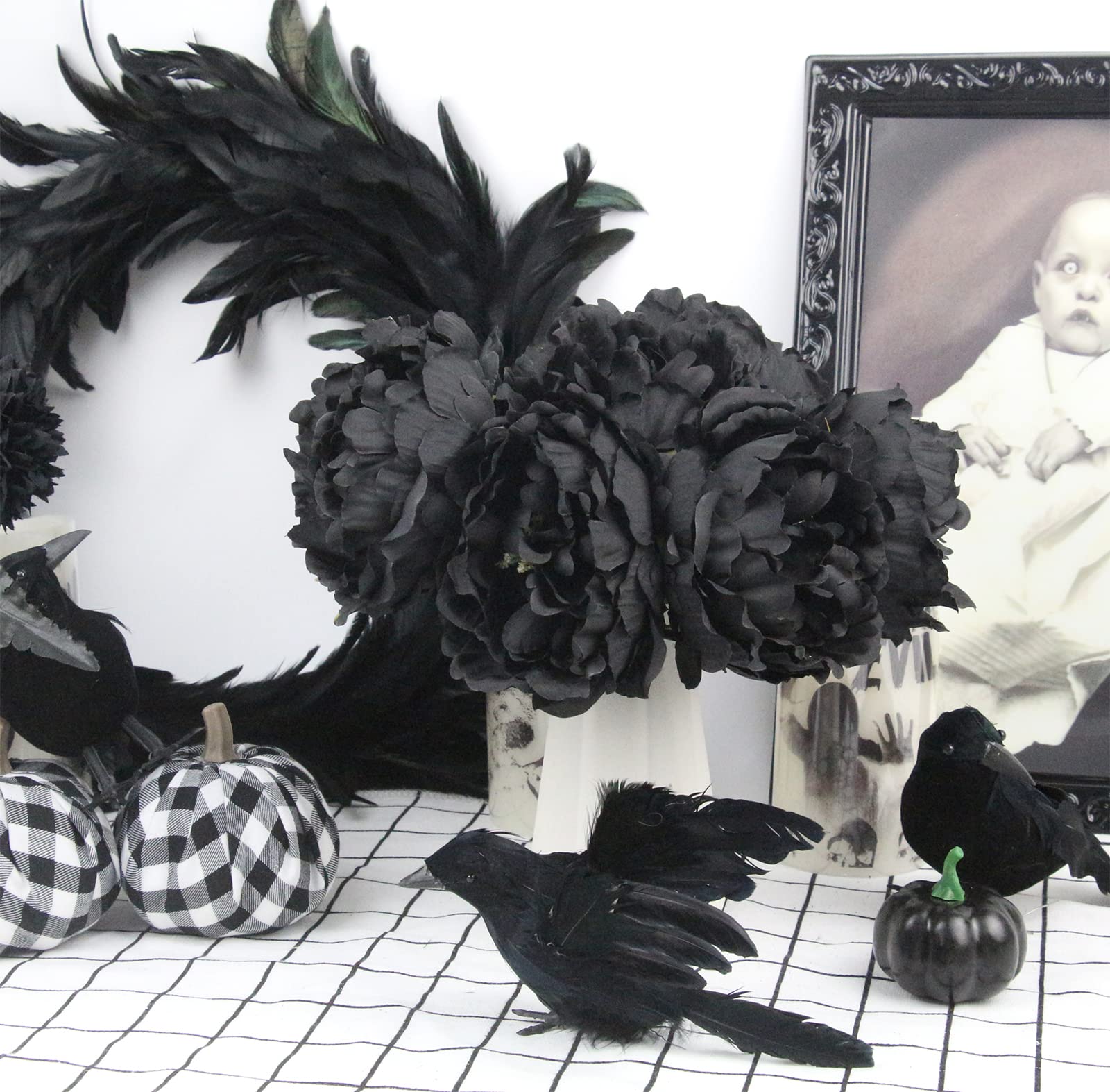 Tinsow 5-Pack Artificial Black Peony Flowers - Realistic Faux Silk Peonies for Home Decor, Halloween Party, Wedding Bouquets & Table Centerpieces (Black, 5 Pcs)