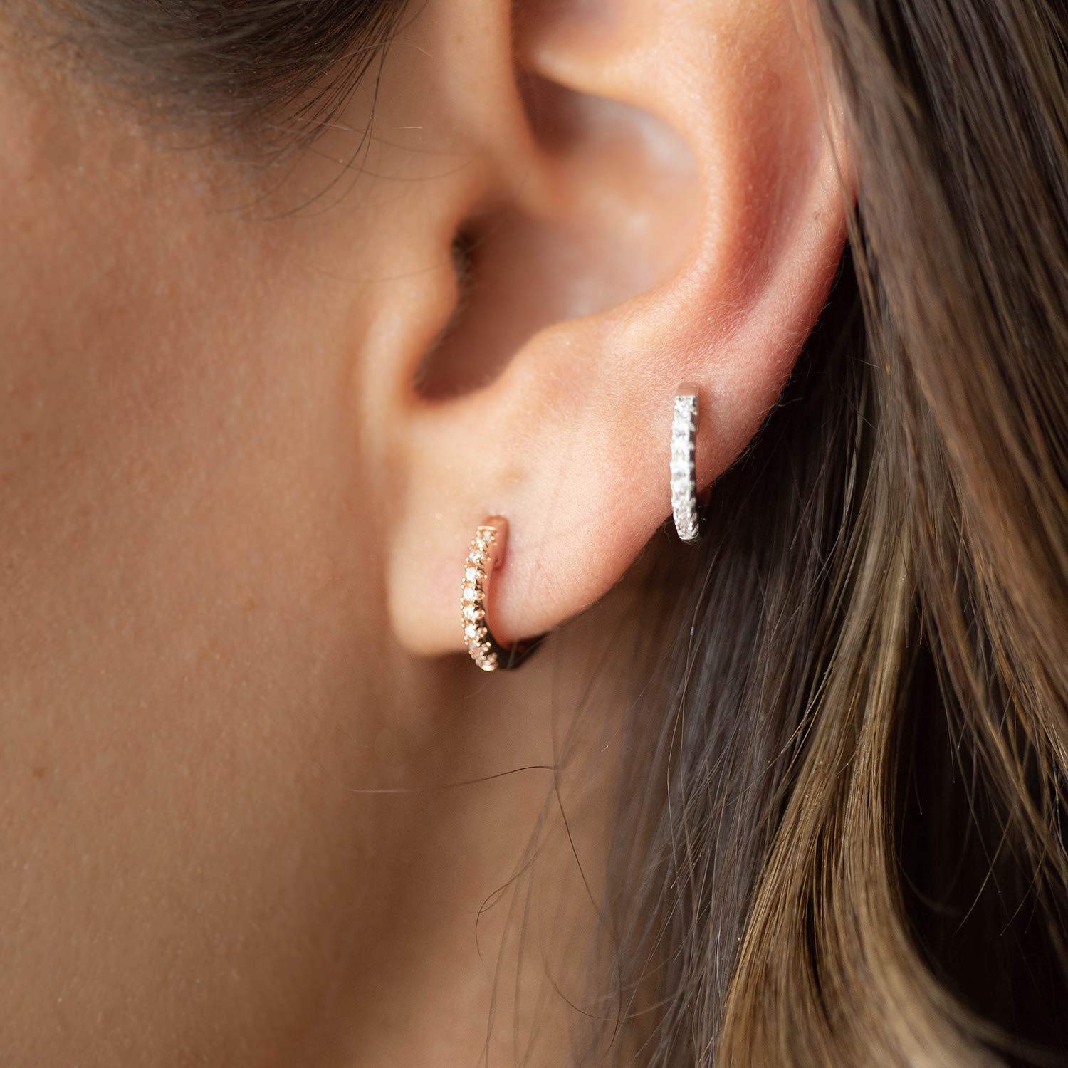 925 Sterling Silver Rose Gold Plated Hoop Earrings with Cubic Zirconia - Huggie Stud Cuff Earrings for Women | Elegant Everyday Wear & Gift for Her