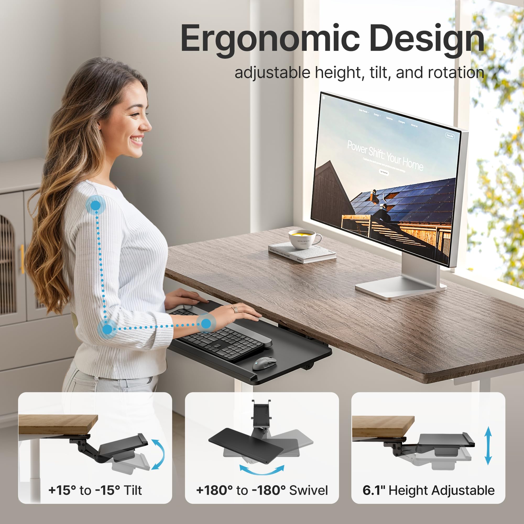 Ergonomic Under Desk Keyboard Tray with Storage Drawer - Height Adjustable, Slide Out Swivel Tilt Design - 25x11