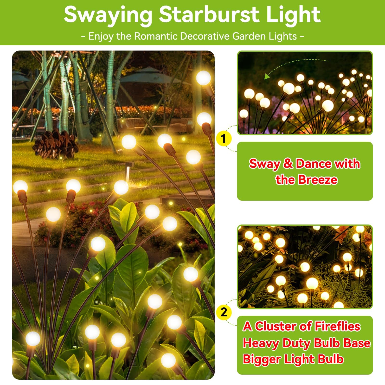 32 LED Solar Garden Lights Outdoor Waterproof - 4 Pack Decorative Swaying Firefly Lights for Pathway, Yard, Party & Christmas Decor - Warm White Solar Powered Landscape Lighting for Patio, Lawn & Backyard