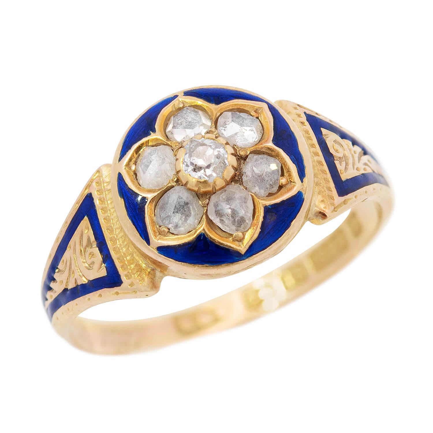 Victorian 15k Gold Diamond & Enamel Floral Ring - Antique Jewelry for Weddings, Engagement & Special Occasions