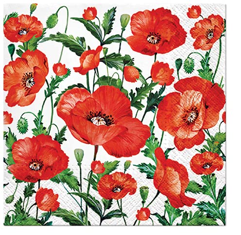 FLANDERS POPPY Red Poppy Paper Napkins - 40 Count Decorative Lunch Napkins for Floral Table Setting, Party Decor, Decoupage Crafts & Picnic Essentials