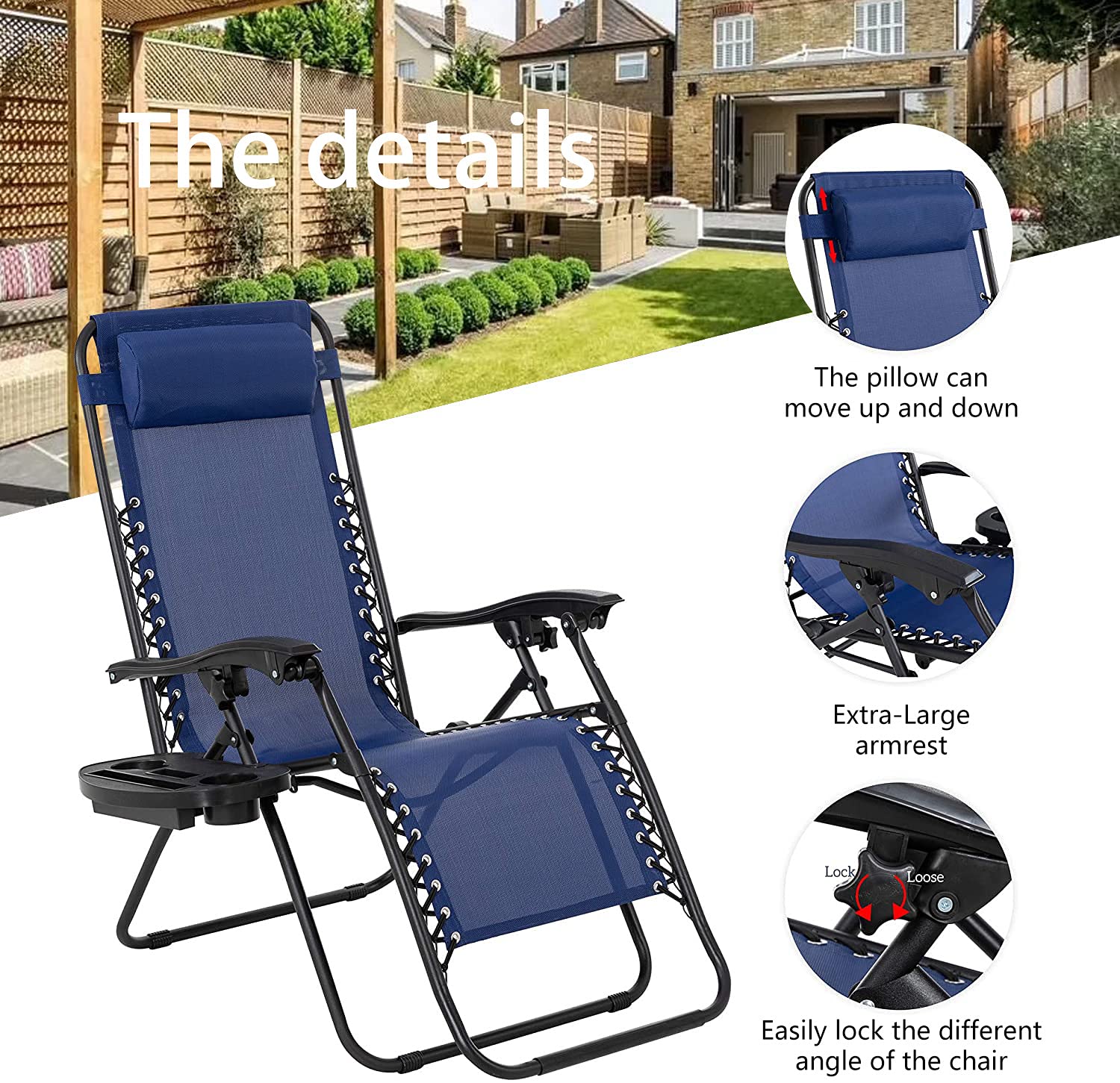 Premium Zero Gravity Lounge Chair with Adjustable Headrest & Cup Holder - 2-Piece Set for Outdoor Relaxation in Garden, Patio, Poolside or Beach (Dark Blue) - Perfect for Sunbathing, Camping & Backyard Lounging