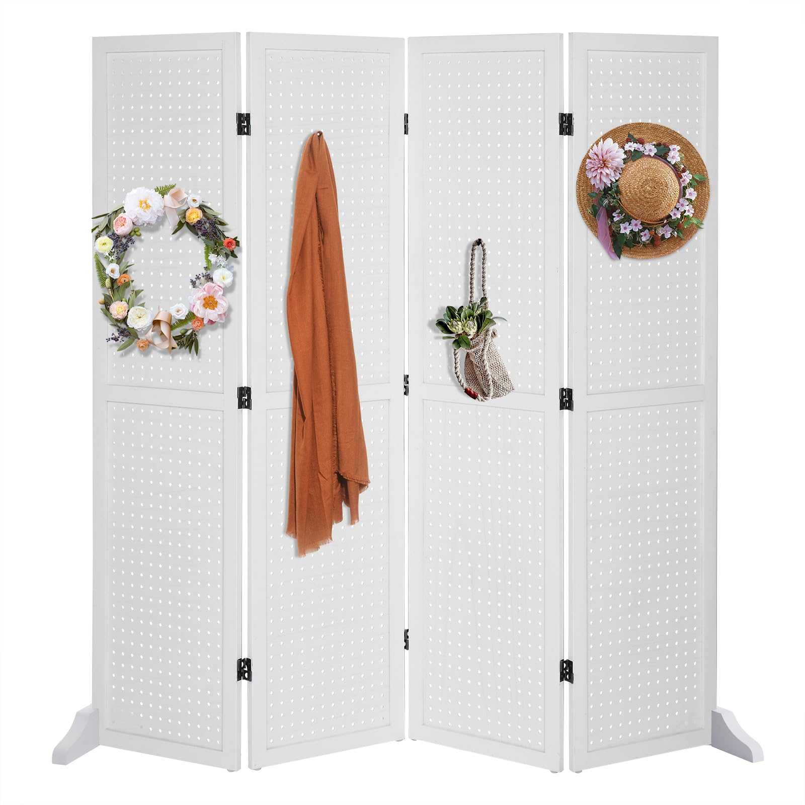Bonnlo 4 Panel Pegboard Freestanding Organizer - 5 FT Portable Display Board for Craft Shows, Jewelry & Retail - Wooden Folding Privacy Screen Room Divider with Base (White) - Perfect for Trade Shows, Boutiques & Home Office Organization
