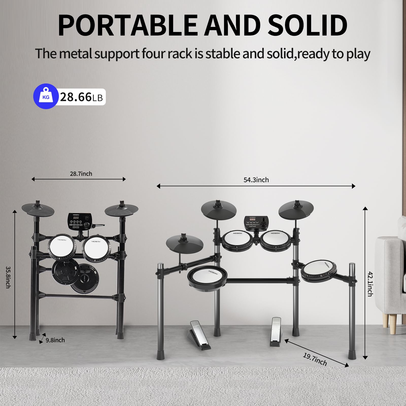 MOSEN MED-X3 Electric Drum Set - 4 Quiet Mesh Drum Pads, Cymbals, Drum Sticks, Headphones, USB MIDI, Kick Pedal - 195+ Sounds & 25 Drum Kits for Beginners - Perfect for Home Practice, Studio Recording & Silent Drumming Sessions