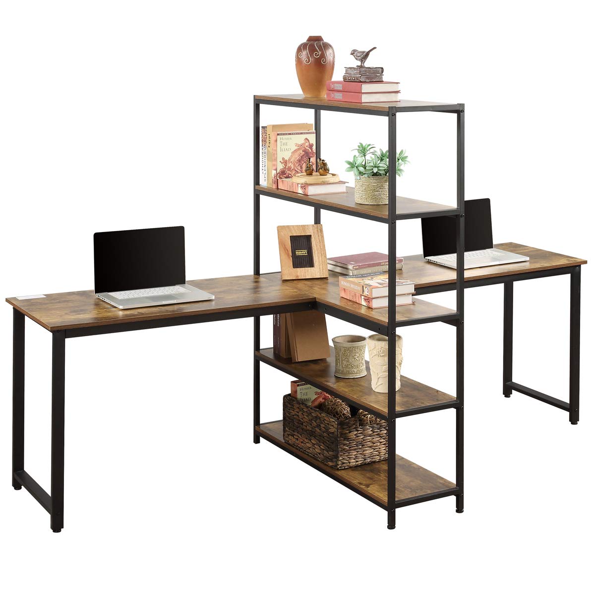 Large 2-Person Office Desk with Shelves - Brown, Perfect for Home Workspaces