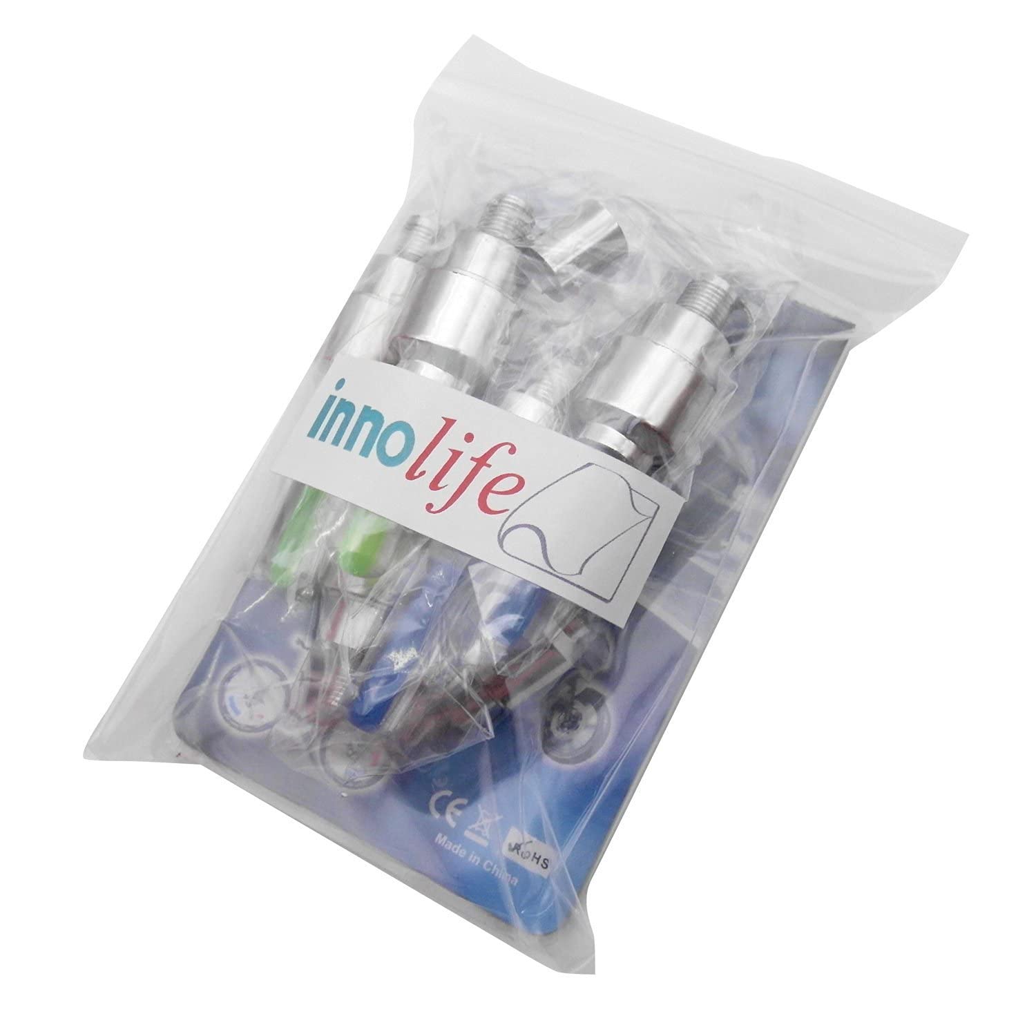 INNOLIFE LED Tire Valve Stem Caps Lights - Glow in The Dark Wheel Lights for Cars, Bikes, Motorcycles - Waterproof & Durable for Night Riding Safety (Set of 4) - Perfect for Nighttime Cycling, Car Shows & Vehicle Customization