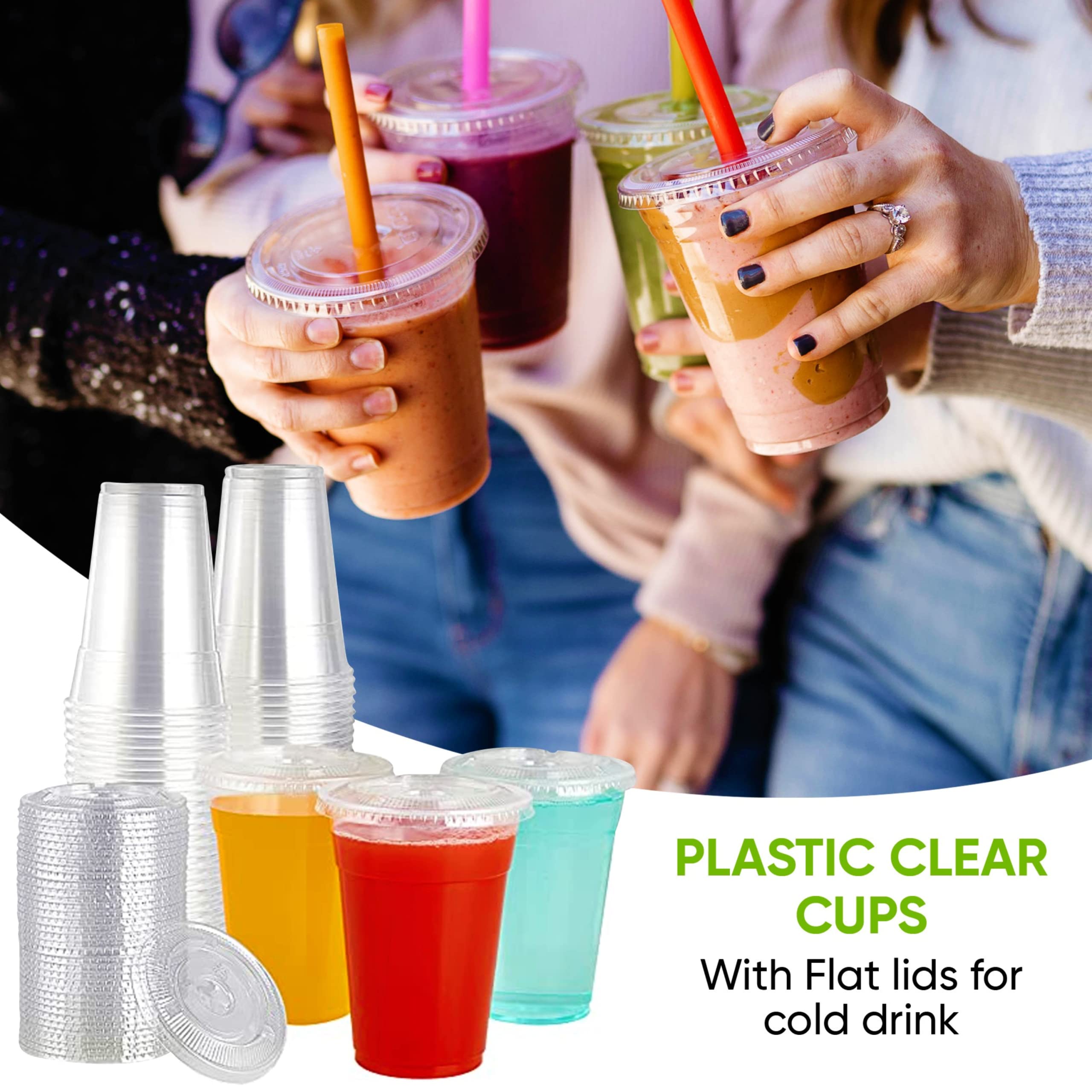 Green Direct 10 oz. Clear Disposable Plastic Cups with Lids - Bulk Pack of 50 Sets for Iced Coffee, Bubble Tea, Smoothies & Cold Drinks | Perfect for Parties, Cafes & Takeout