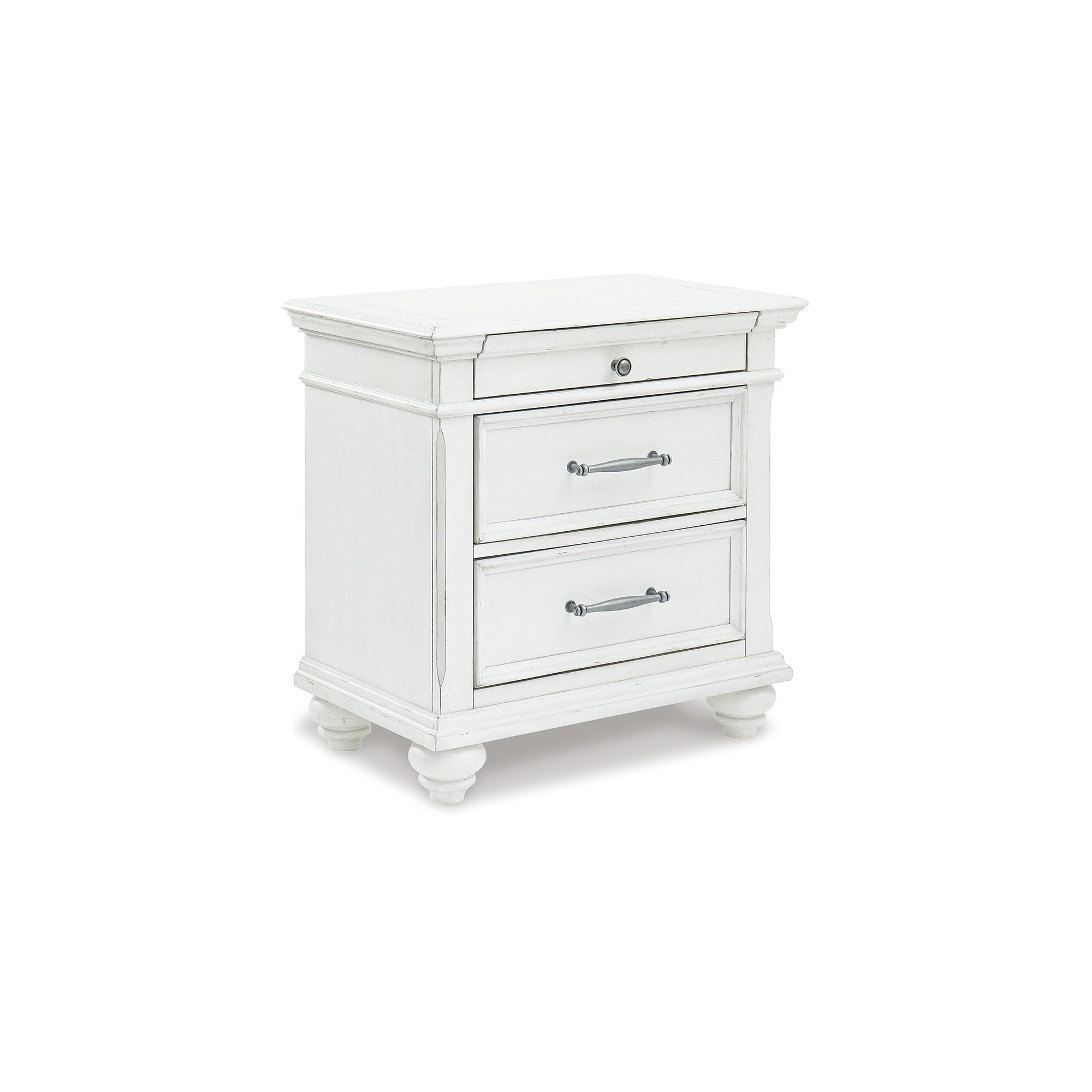 Distressed Whitewash Finish Ashley Three-Drawer Nightstand - Perfect for Bedroom, Living Room, or Guest Room Storage