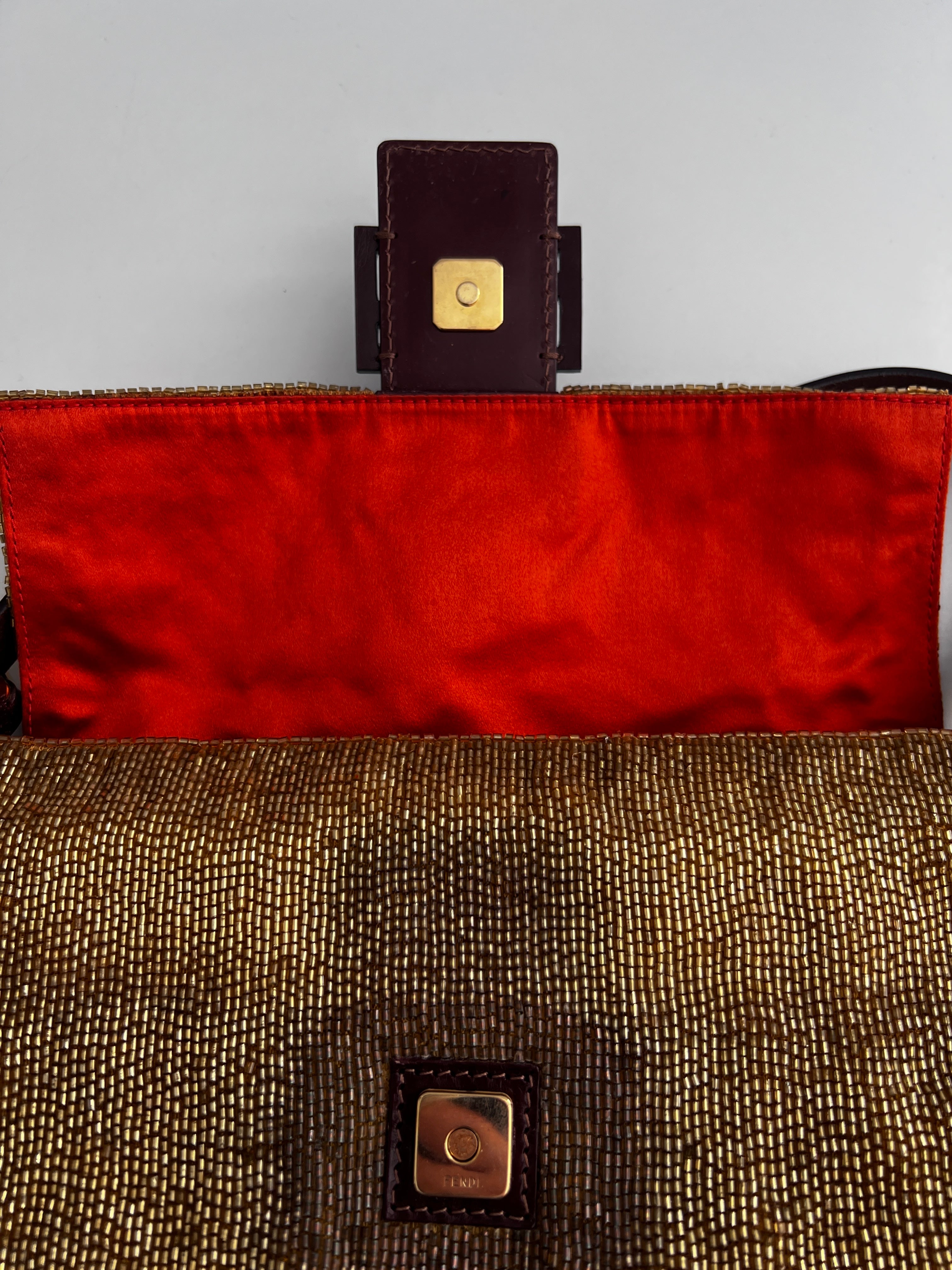 Fendi Gold Beaded Baguette Bag - Luxury Designer Crossbody Purse for Women | Perfect for Parties, Weddings & Evening Events