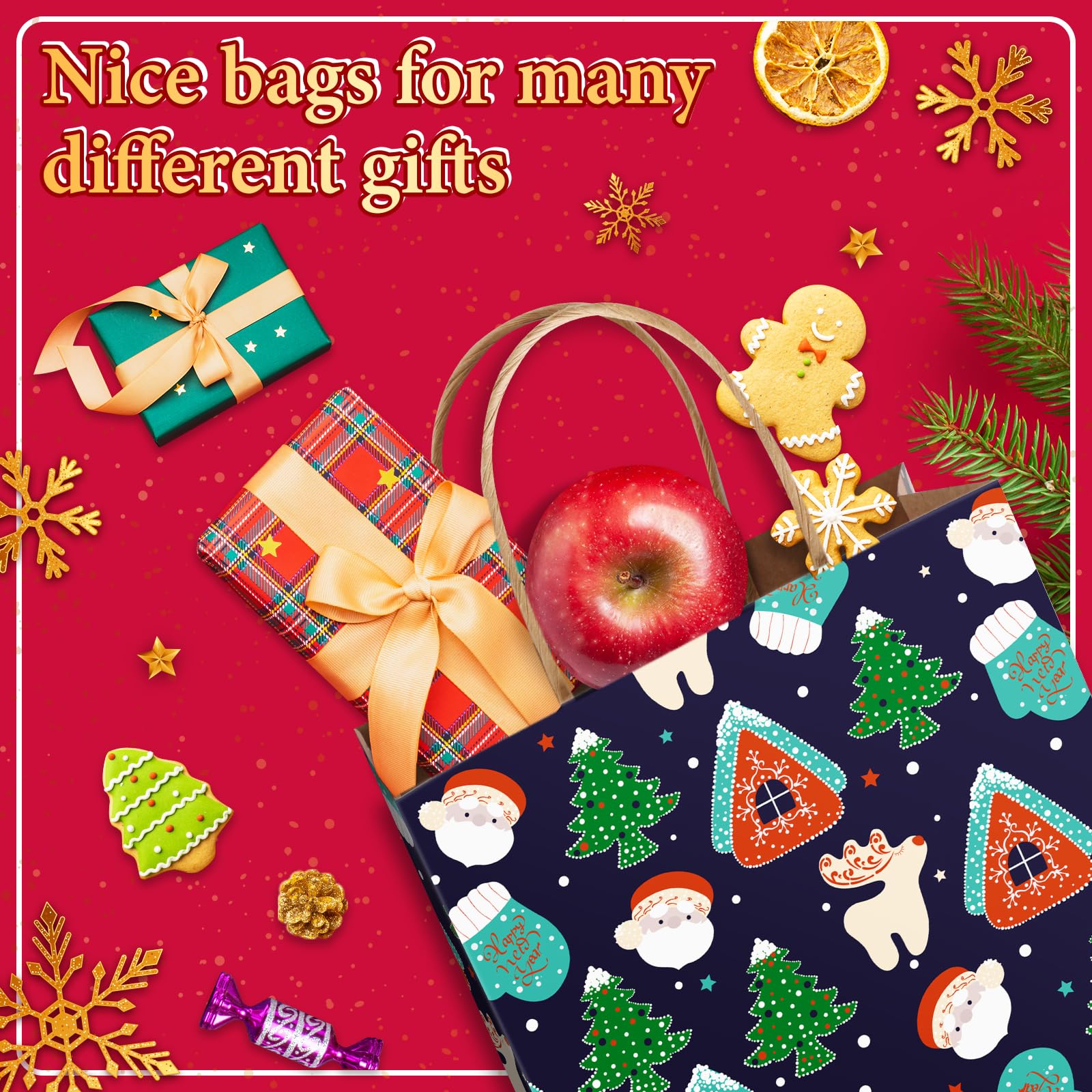 DeckTheHalls Christmas Gift Bags - 24 Pack Small Kraft Paper Holiday Bags with Handles (12 Styles) - Bulk Party Favors, Retail & Goody Bags for Xmas, Holiday Celebrations & Gift Wrapping