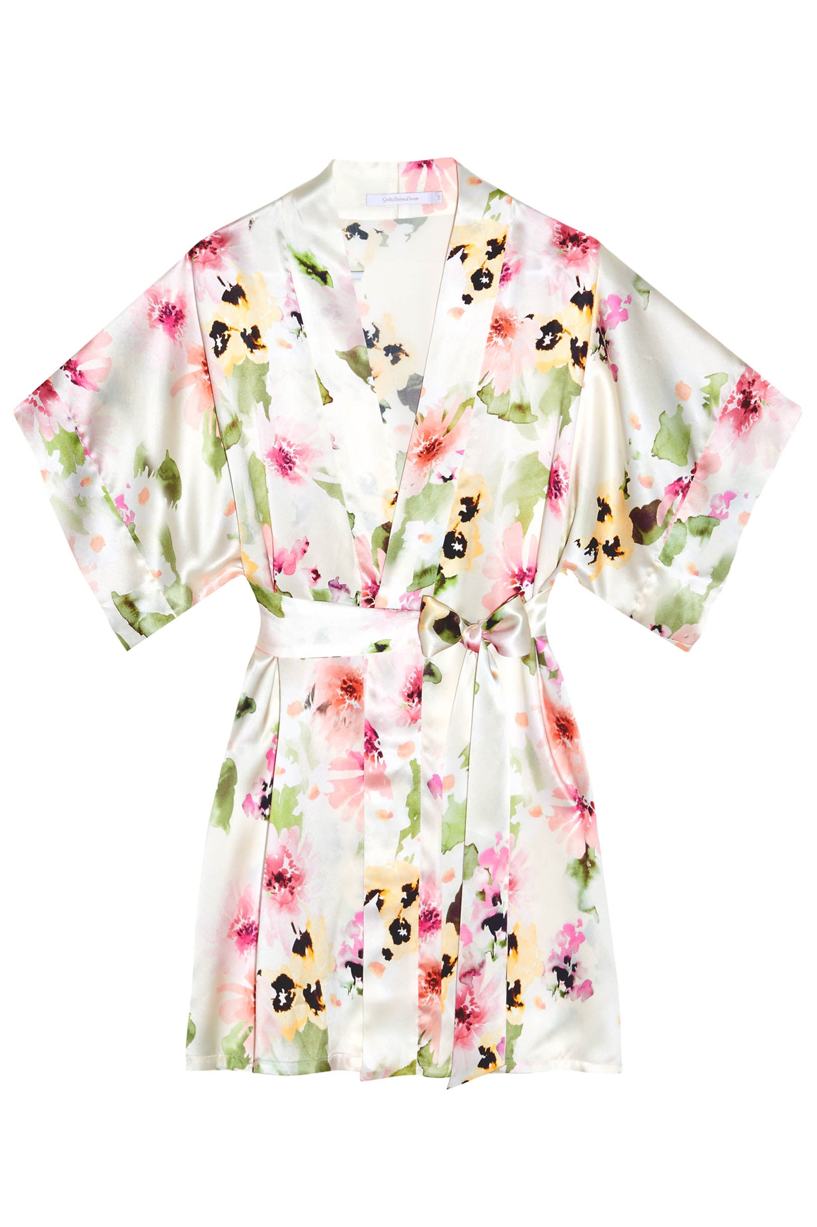 Samantha Silk Kimono Robe - Watercolor Floral Print Women's Lightweight Bathrobe for Spa, Beach Cover Up & Loungewear