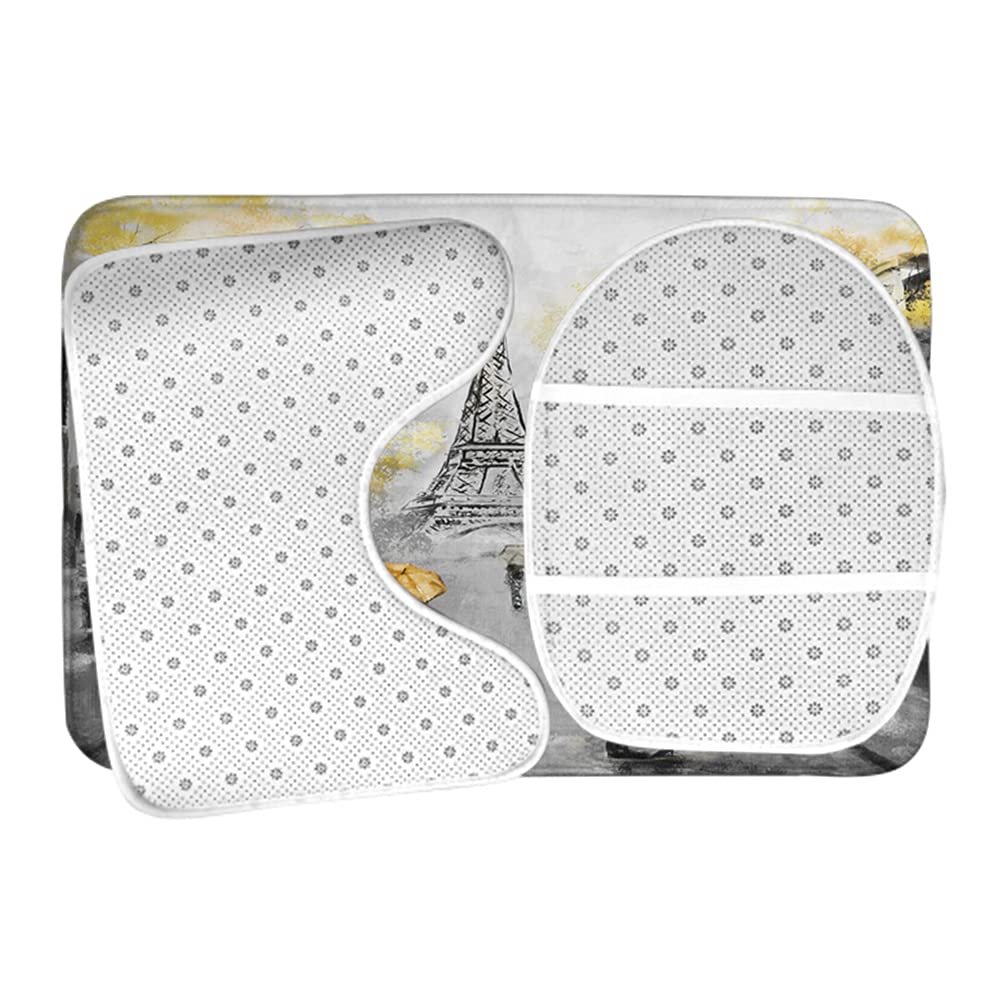 WONDERTIFY Non-Slip Bathroom Rug Set - 3 Piece Paris Eiffel Tower Design (Bath Mat, Contour Mat & Toilet Cover) - Black/White/Yellow for Couples - Water Absorbent Bath Mats for Home Decor & Safety