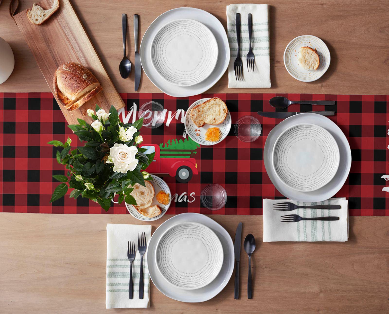 72 Inch Long Red and Black Buffalo Plaid Christmas Table Runner - Holiday Truck with Tree Design for Kitchen, Dining Table, Party & Home Decor (13x72 inches) - Perfect for Christmas Celebrations, Dinner Parties, and Festive Home Styling