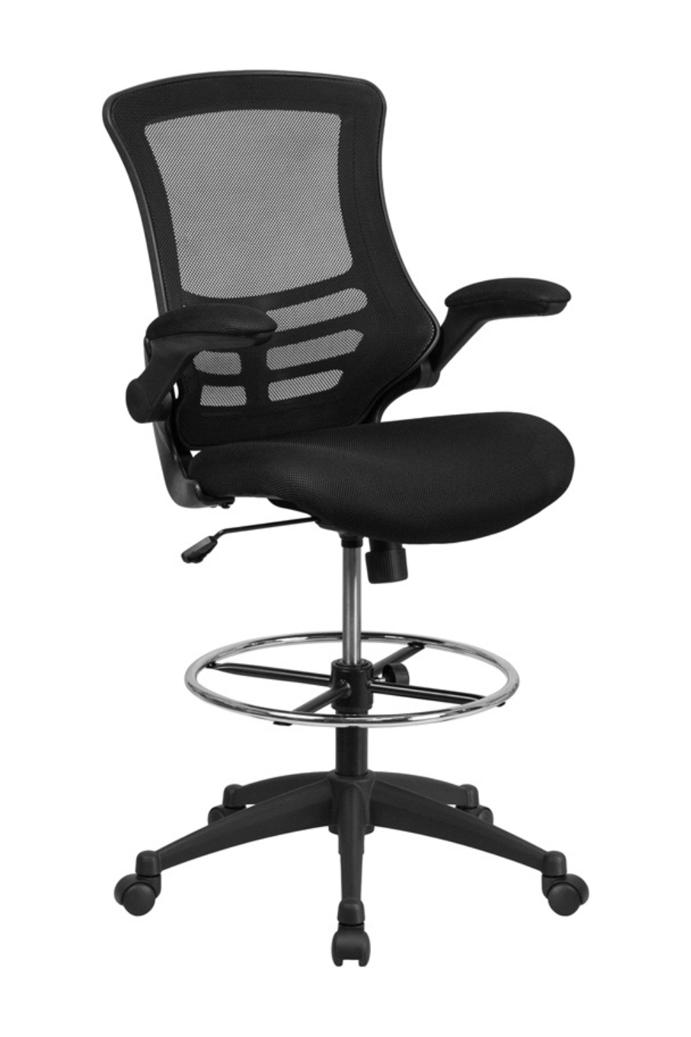 FLASH Kelista Mid Back Black Mesh Ergonomic Drafting Chair with Adjustable Foot Ring & Flip-Up Arms - Perfect for Architects, Artists & Office Workstations