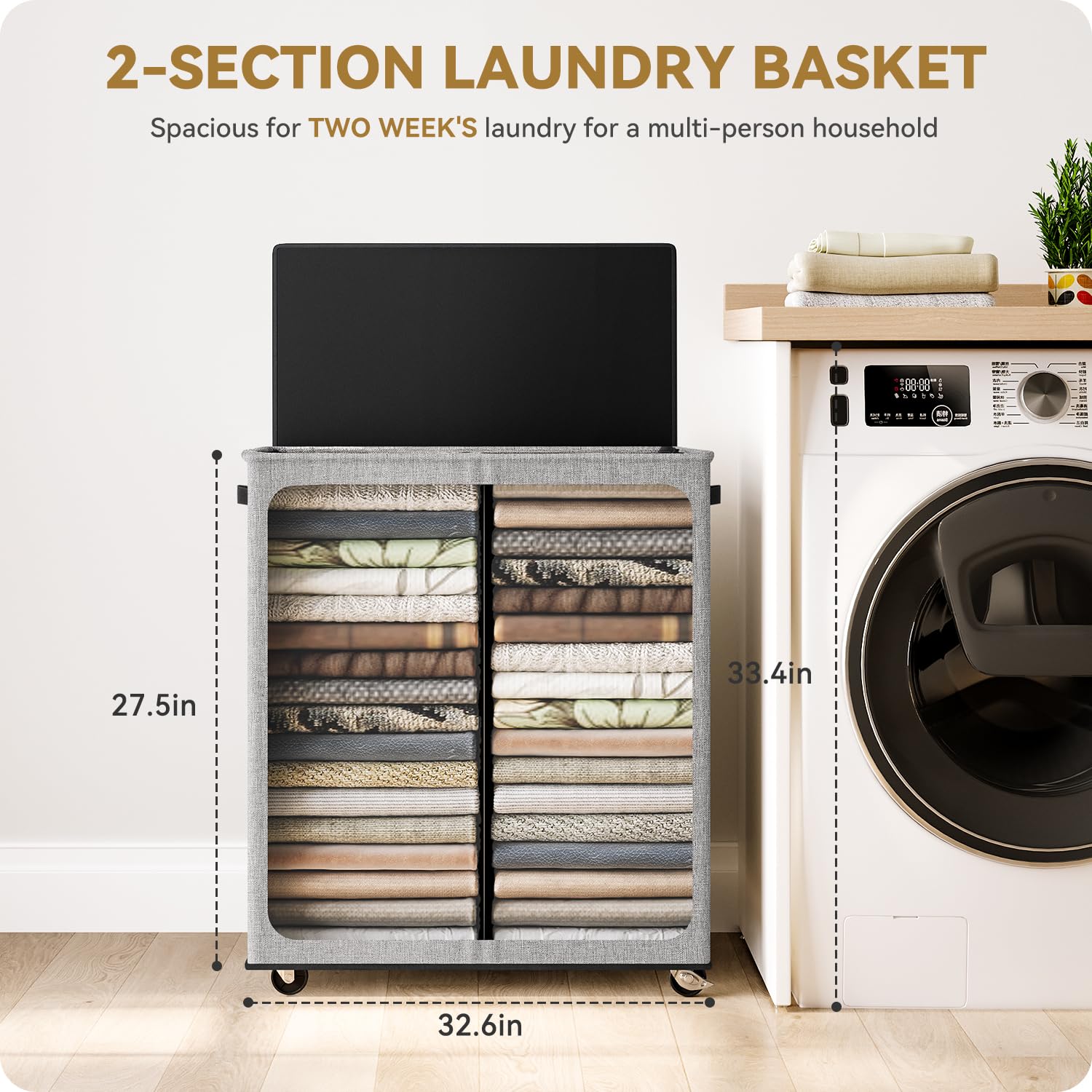 SOLEDI 145L Rolling Laundry Basket with Wheels - 2 Section Laundry Hamper Organizer with Removable Bag, Smooth Wheels for Easy Transport - Perfect for Bedroom, Laundry Room & Dorm Organization