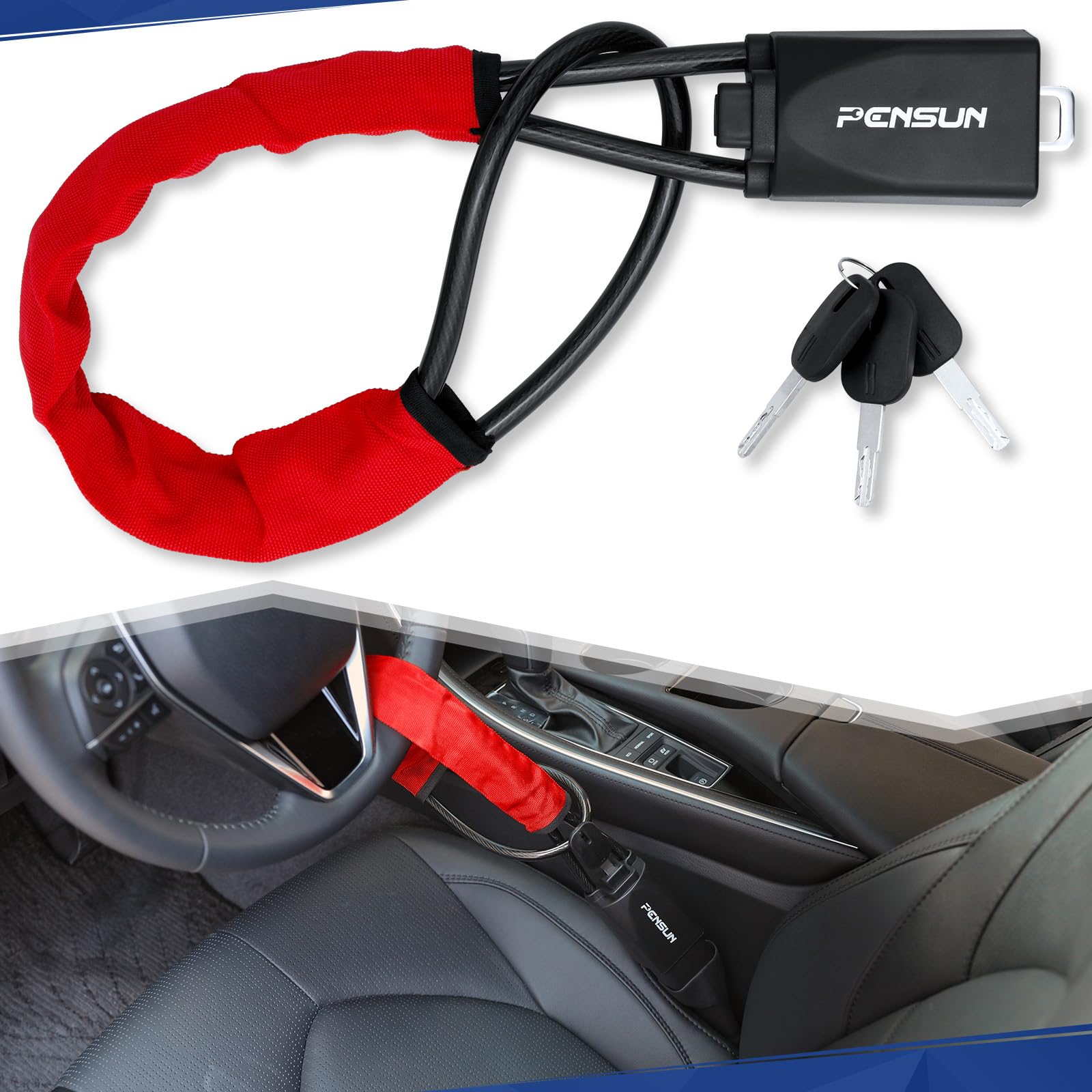 Universal Anti-Theft Car Steering Wheel Lock - Fits Most Vehicles, Trucks, SUVs & Vans - Heavy Duty Security Device with 3 Keys (Red) - Perfect for Parking Protection & Theft Prevention