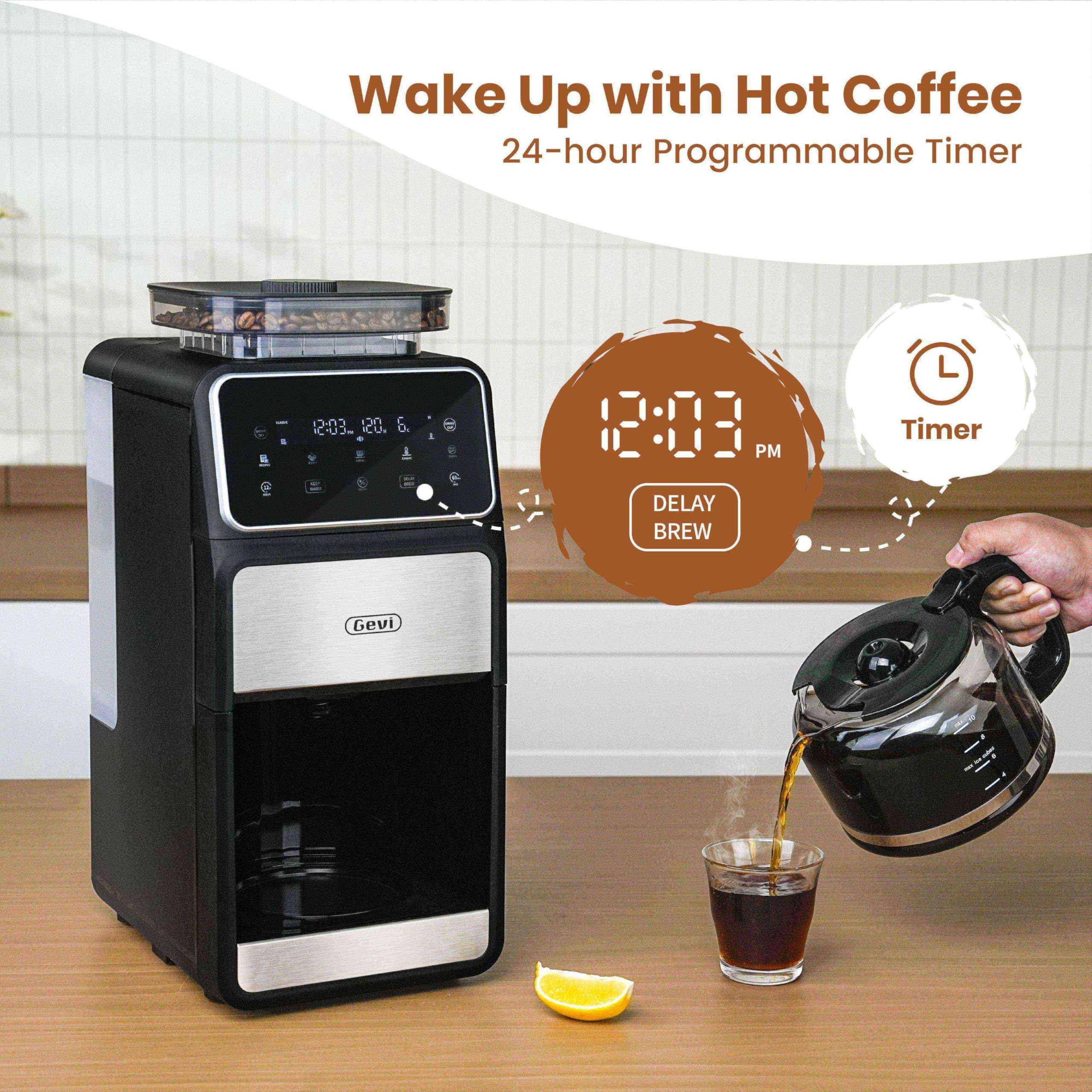 Gevi 10 Cup Drip Coffee Maker with Built-in Grinder - Programmable Burr Grind & Brew Coffee Machine with Touch Screen, 4-Hour Keep Warm Plate & Permanent Filter - Perfect for Home, Office or Restaurant Use